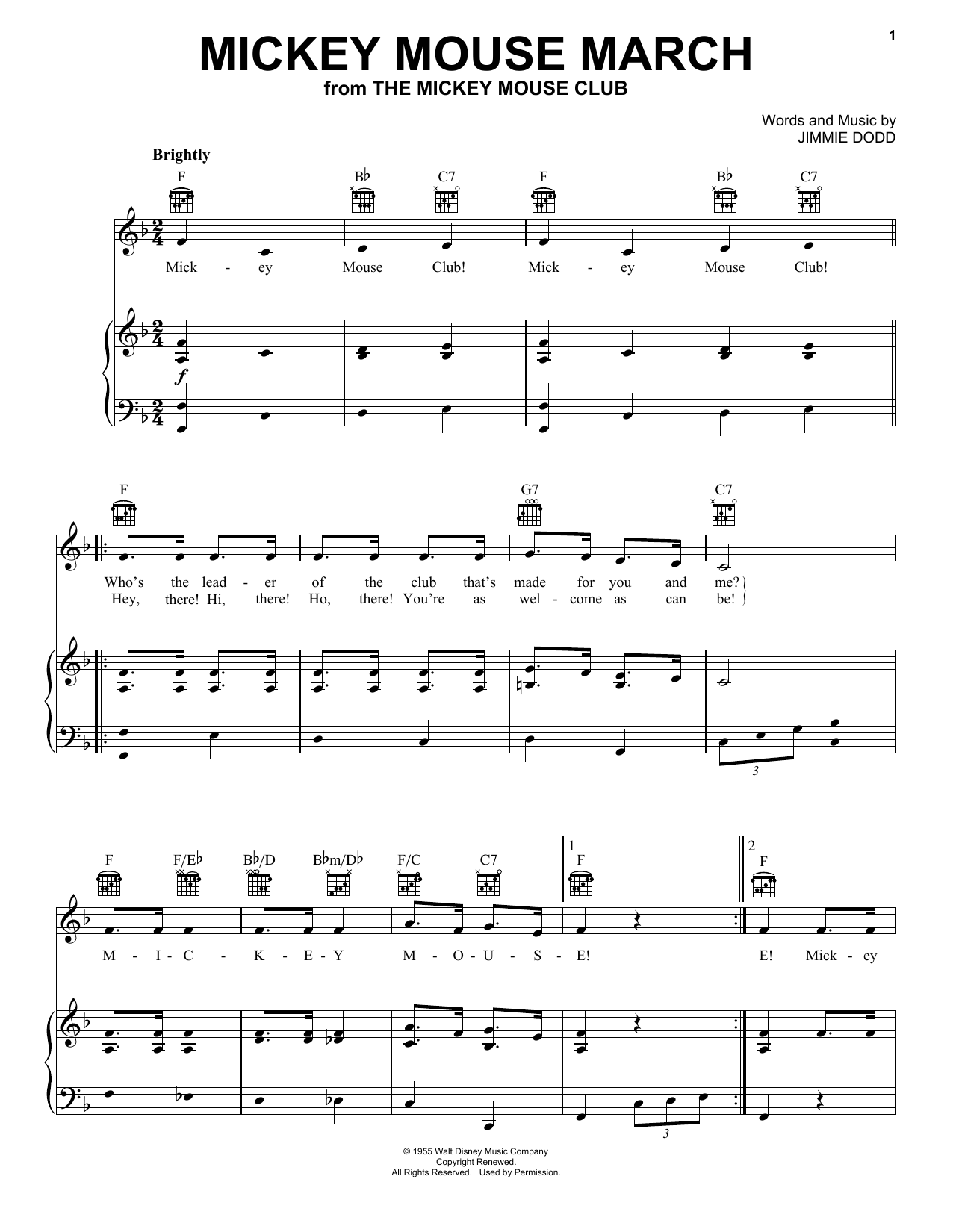 Ilene Woods Mickey Mouse March (from The Mickey Mouse Club) sheet music notes and chords arranged for Piano, Vocal & Guitar Chords (Right-Hand Melody)