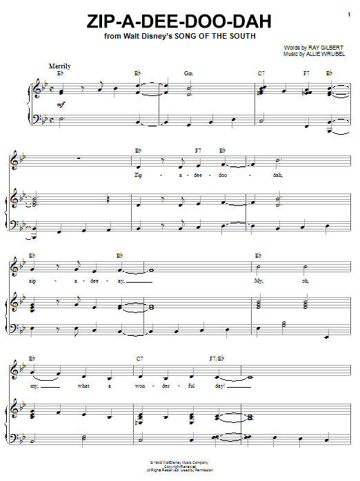 Ilene Woods Zip-A-Dee-Doo-Dah (from Song Of The South) sheet music notes and chords arranged for Piano & Vocal