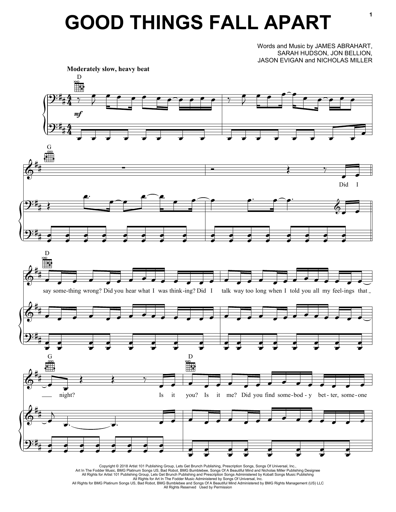 ILLENIUM & Jon Bellion Good Things Fall Apart sheet music notes and chords arranged for Piano, Vocal & Guitar Chords (Right-Hand Melody)