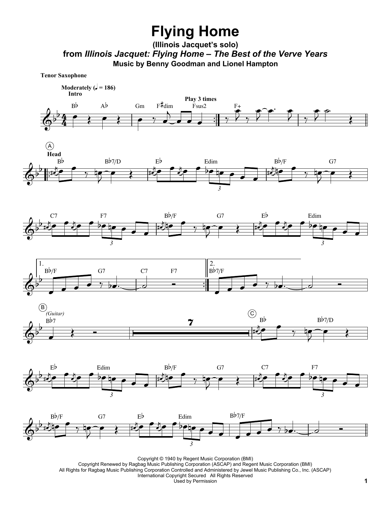 Illinois Jacquet Flying Home sheet music notes and chords arranged for Tenor Sax Transcription