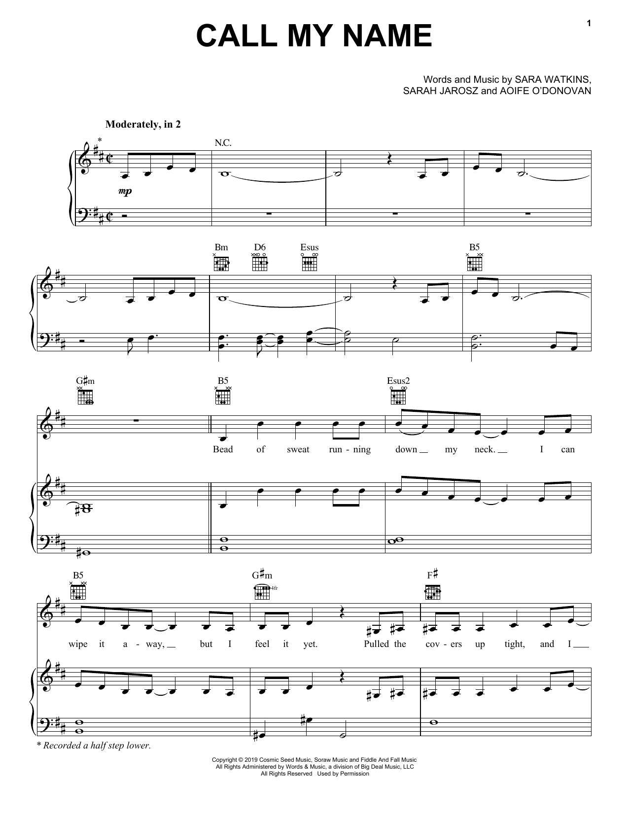 I'm With Her Call My Name sheet music notes and chords arranged for Piano, Vocal & Guitar Chords (Right-Hand Melody)