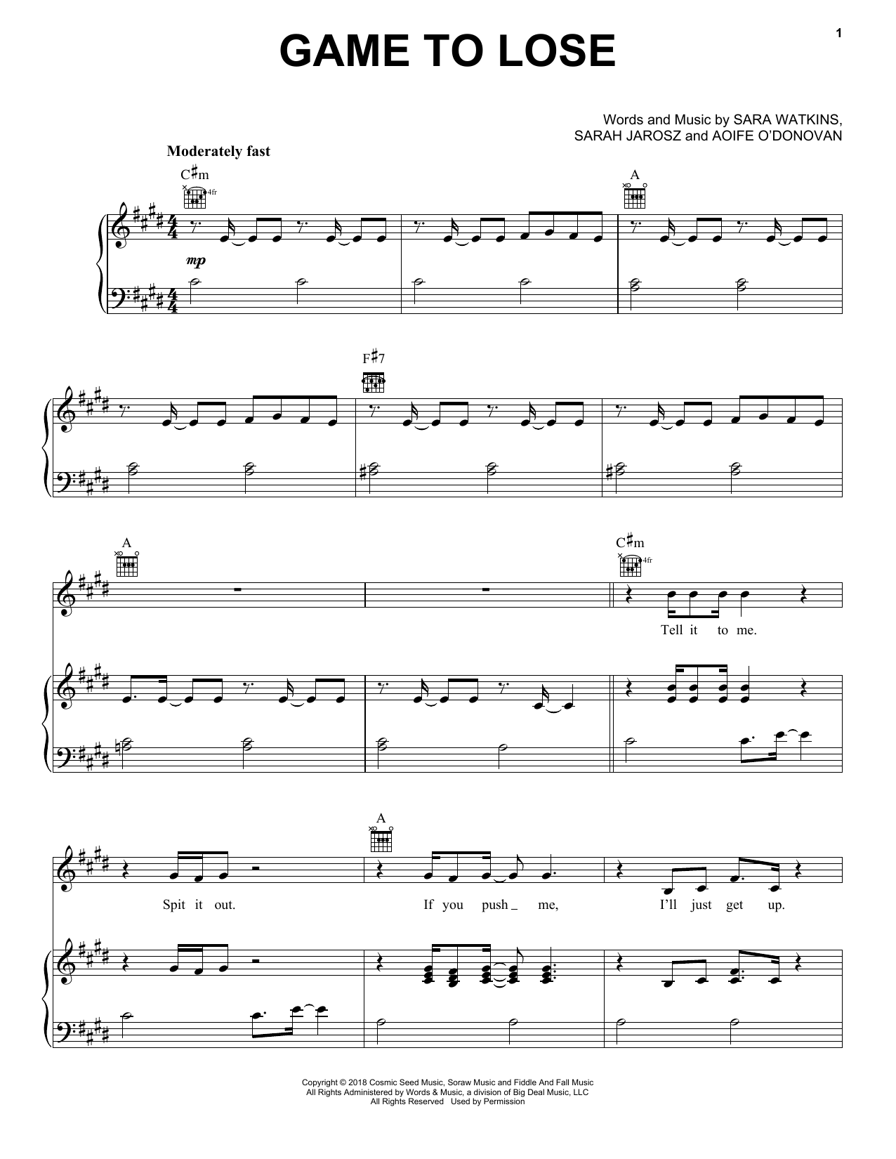 I'm With Her Game To Lose sheet music notes and chords arranged for Piano, Vocal & Guitar Chords (Right-Hand Melody)