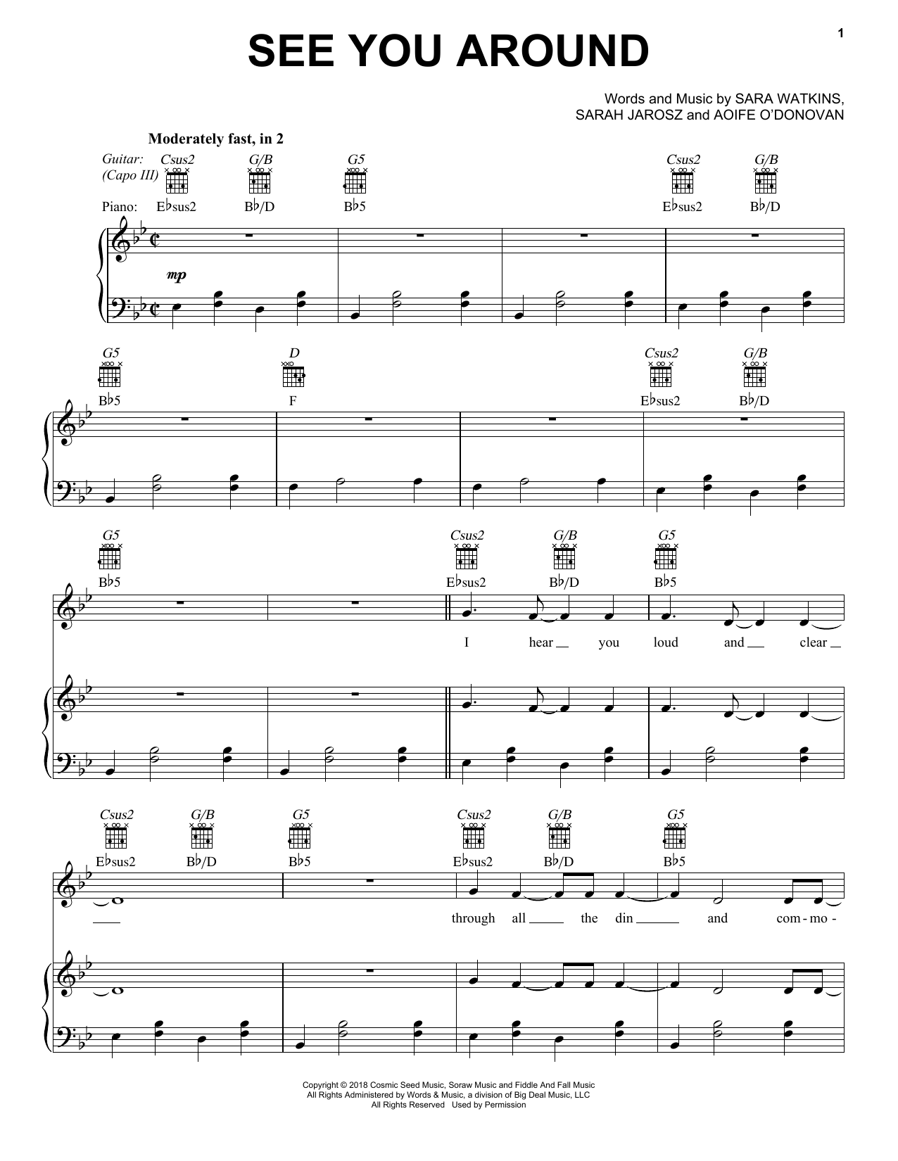 I'm With Her See You Around sheet music notes and chords arranged for Piano, Vocal & Guitar Chords (Right-Hand Melody)