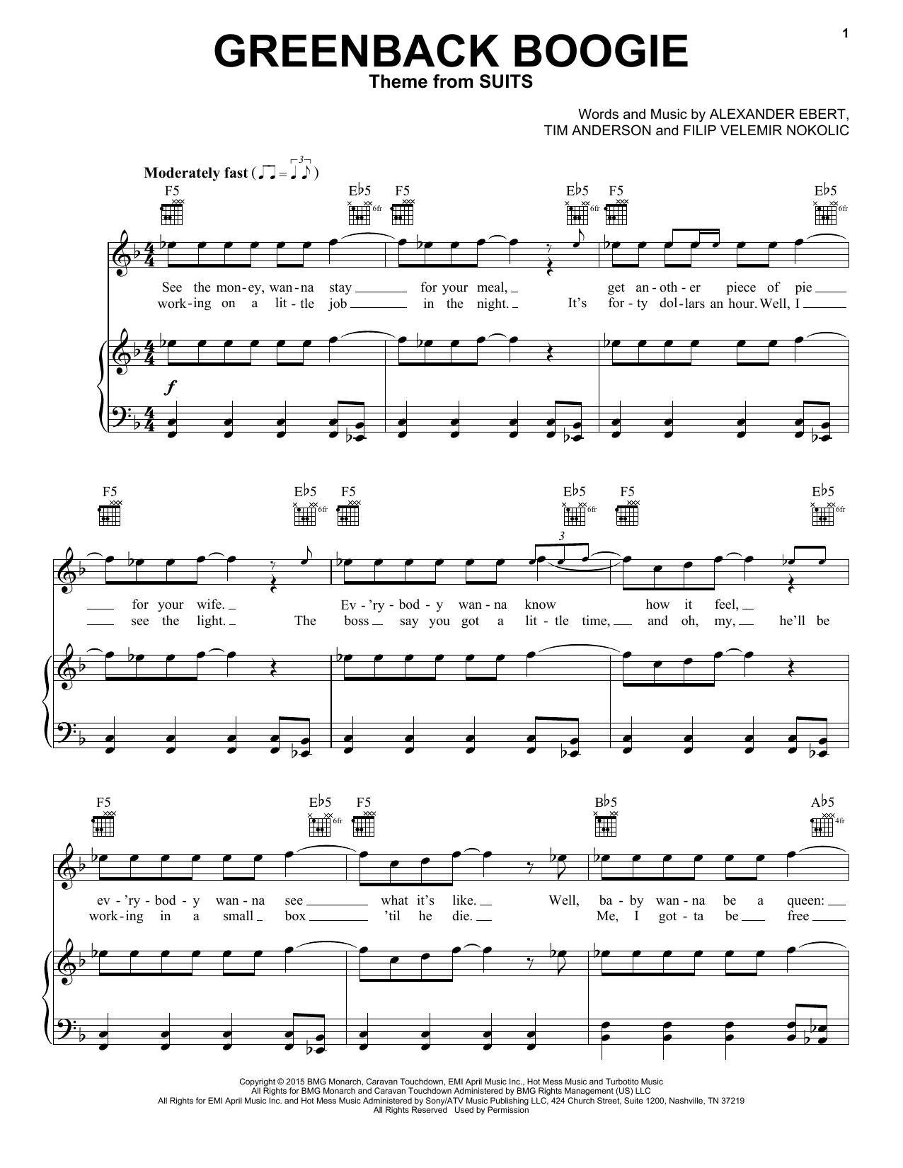 Ima Robot Greenback Boogie (Theme from Suits) sheet music notes and chords arranged for Piano, Vocal & Guitar Chords (Right-Hand Melody)