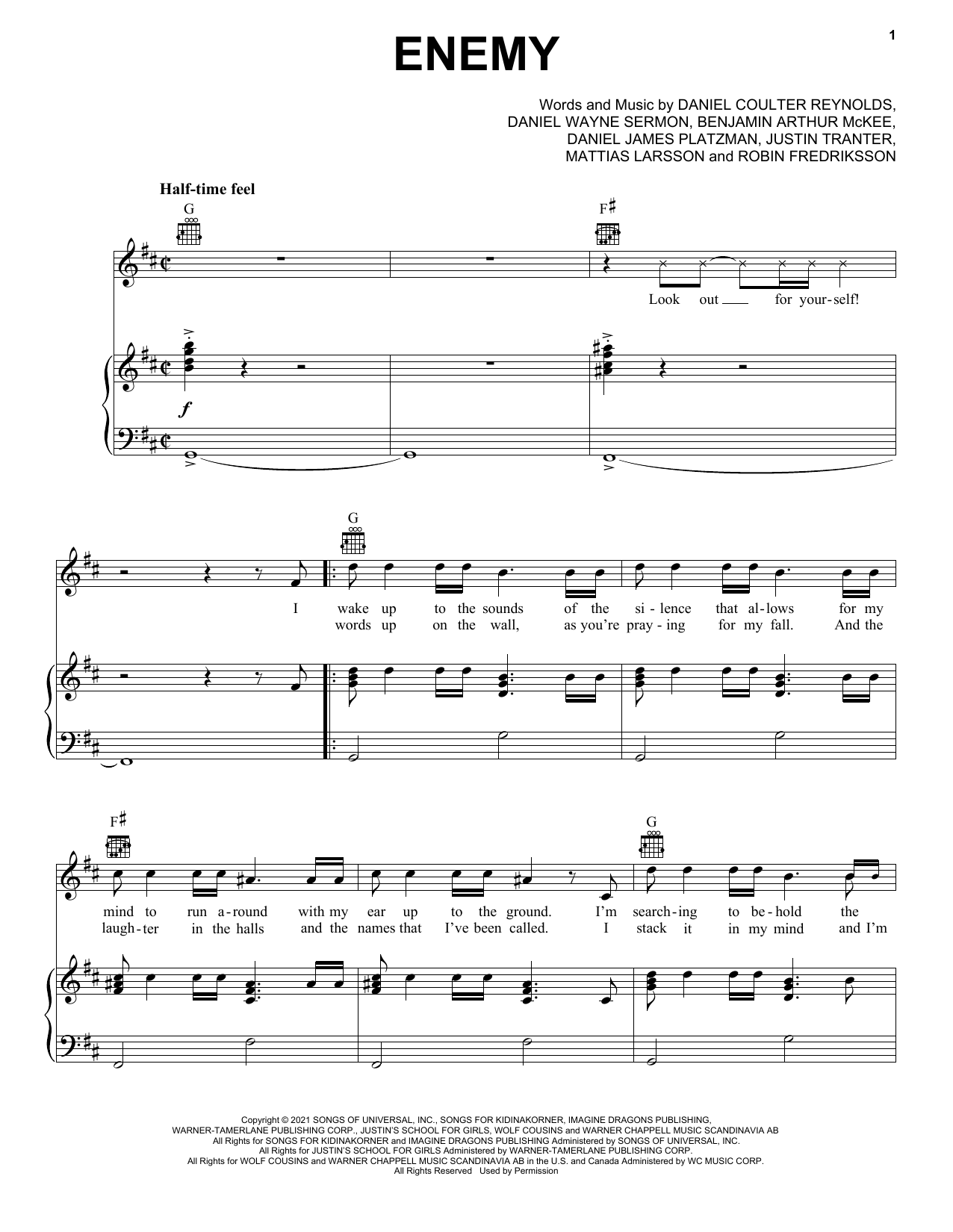 Imagine Dragons & JID Enemy (from the series Arcane League of Legends) sheet music notes and chords arranged for Piano, Vocal & Guitar Chords (Right-Hand Melody)