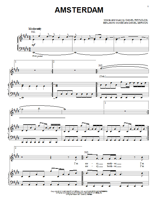 Imagine Dragons Amsterdam sheet music notes and chords arranged for Piano, Vocal & Guitar Chords (Right-Hand Melody)