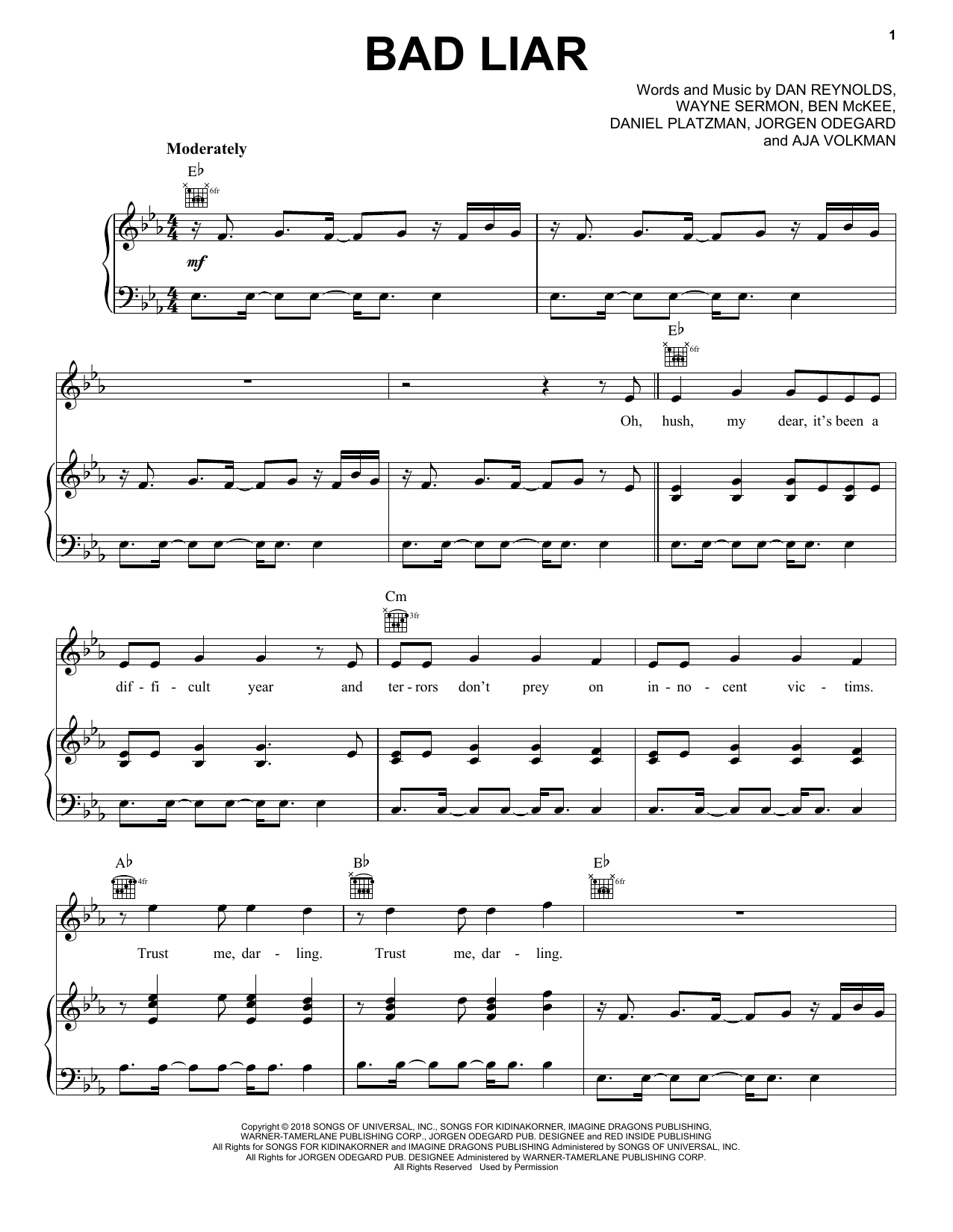 Imagine Dragons Bad Liar sheet music notes and chords arranged for Piano, Vocal & Guitar Chords (Right-Hand Melody)