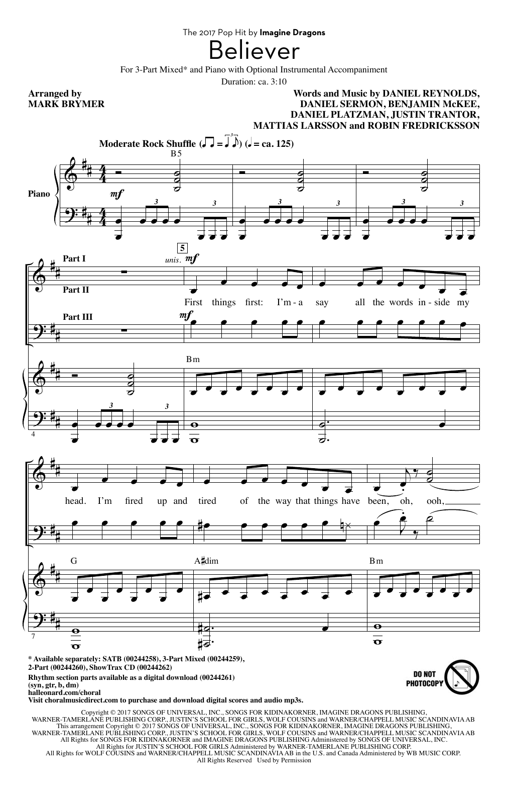 Imagine Dragons Believer (arr. Mark Brymer) sheet music notes and chords arranged for SATB Choir