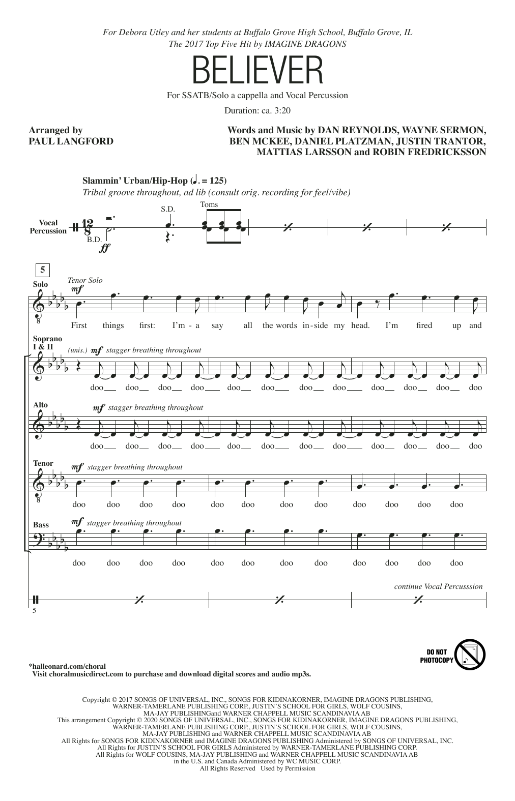 Imagine Dragons Believer (arr. Paul Langford) sheet music notes and chords arranged for SSATB Choir