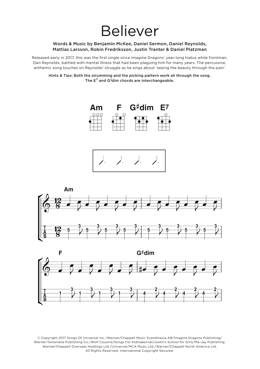 Imagine Dragons Believer sheet music notes and chords arranged for Ukulele