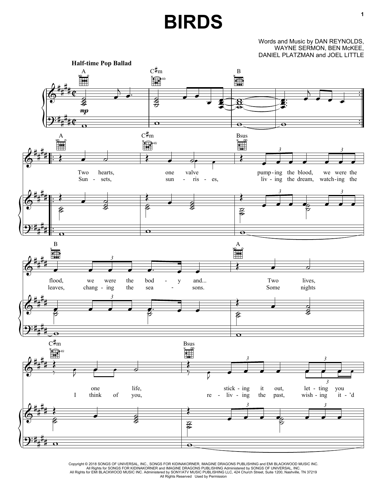 Imagine Dragons Birds sheet music notes and chords arranged for Piano, Vocal & Guitar Chords (Right-Hand Melody)