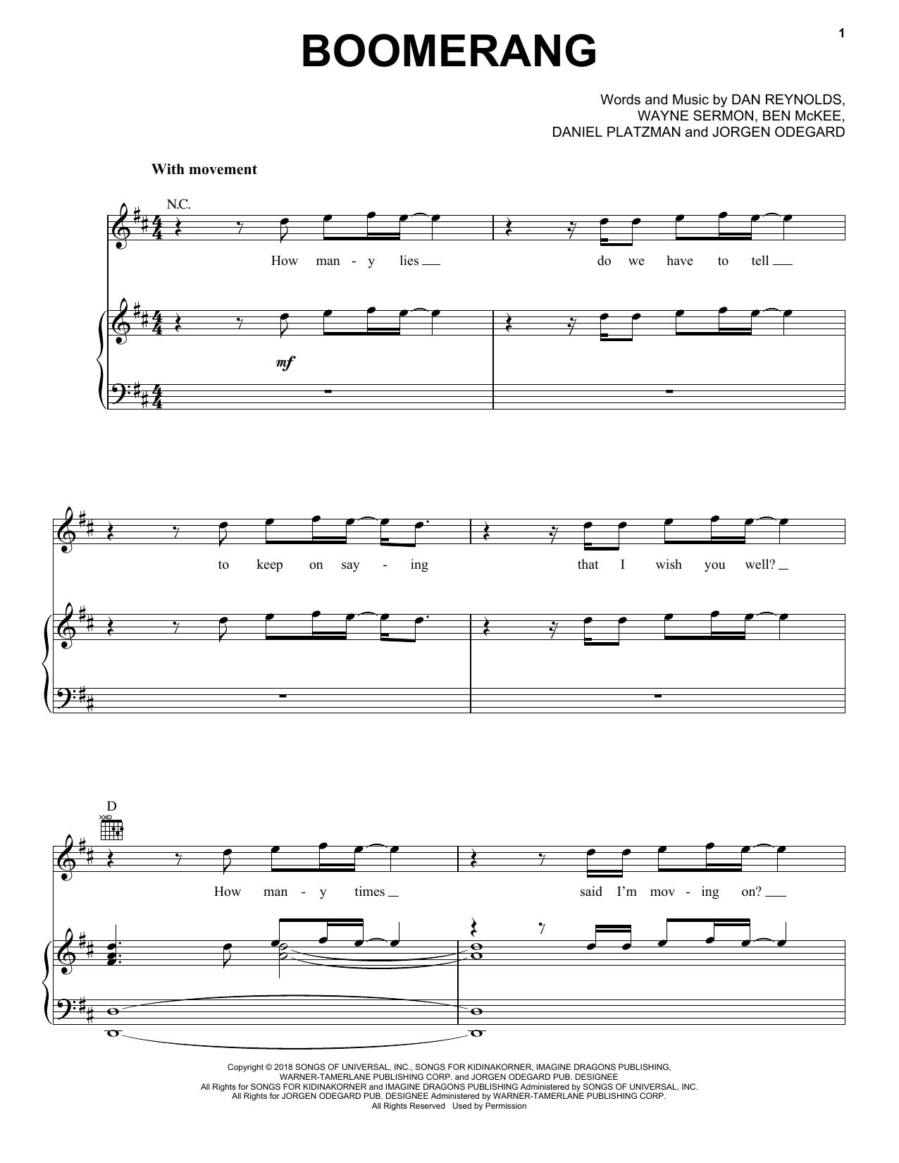 Imagine Dragons Boomerang sheet music notes and chords arranged for Piano, Vocal & Guitar Chords (Right-Hand Melody)