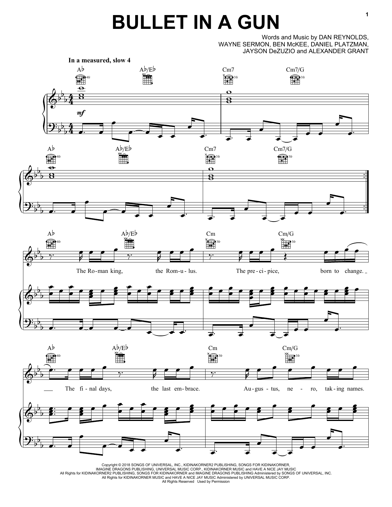 Imagine Dragons Bullet In A Gun sheet music notes and chords arranged for Piano, Vocal & Guitar Chords (Right-Hand Melody)