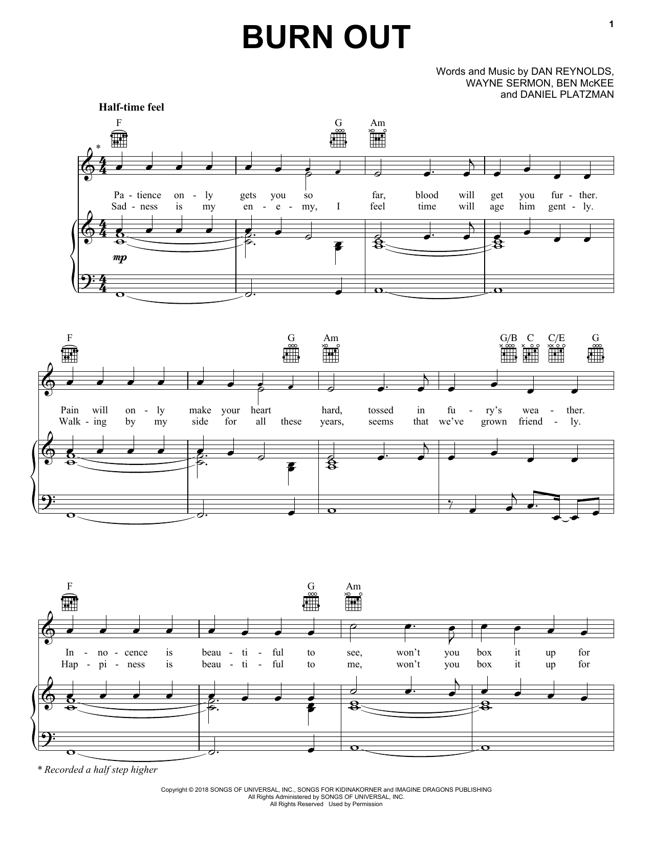 Imagine Dragons Burn Out sheet music notes and chords arranged for Piano, Vocal & Guitar Chords (Right-Hand Melody)