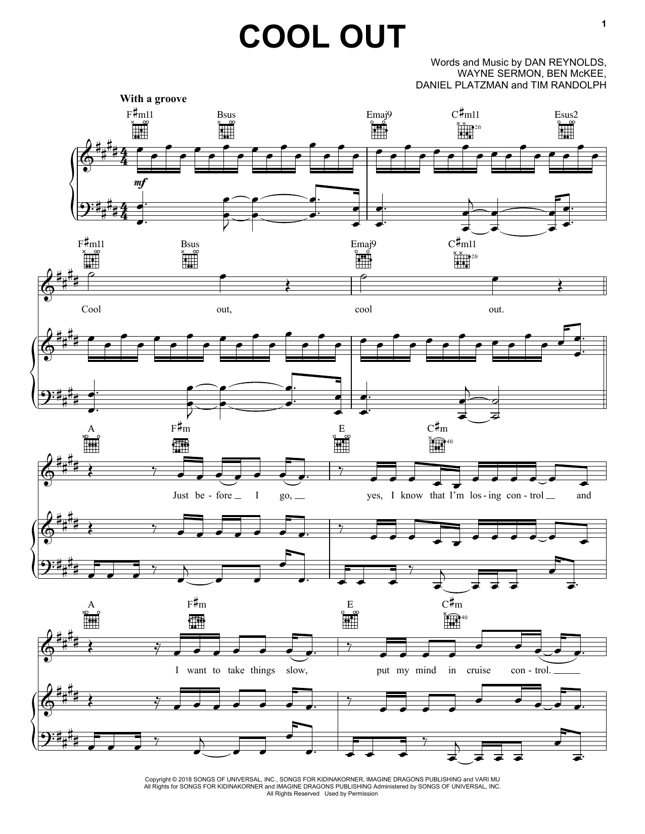 Imagine Dragons Cool Out sheet music notes and chords arranged for Piano, Vocal & Guitar Chords (Right-Hand Melody)
