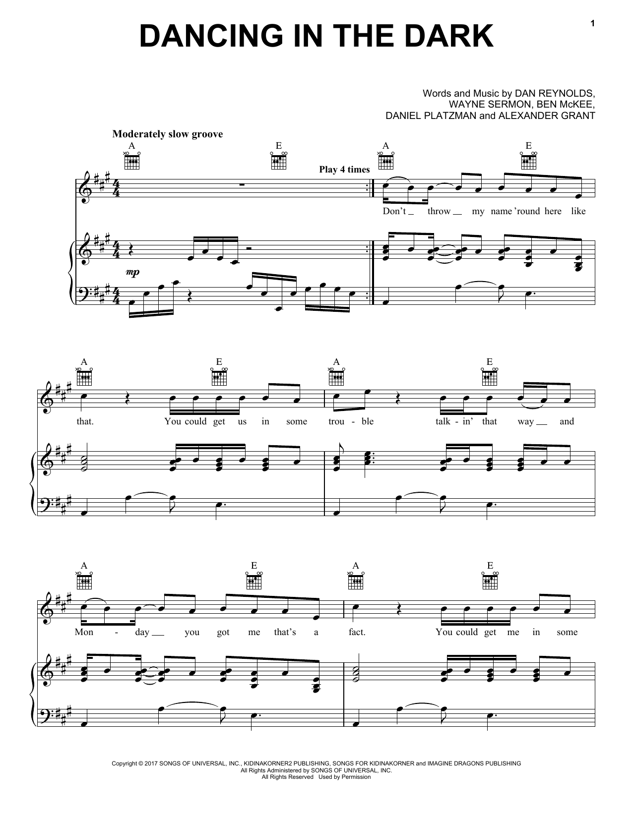 Imagine Dragons Dancing In The Dark sheet music notes and chords arranged for Piano, Vocal & Guitar Chords (Right-Hand Melody)