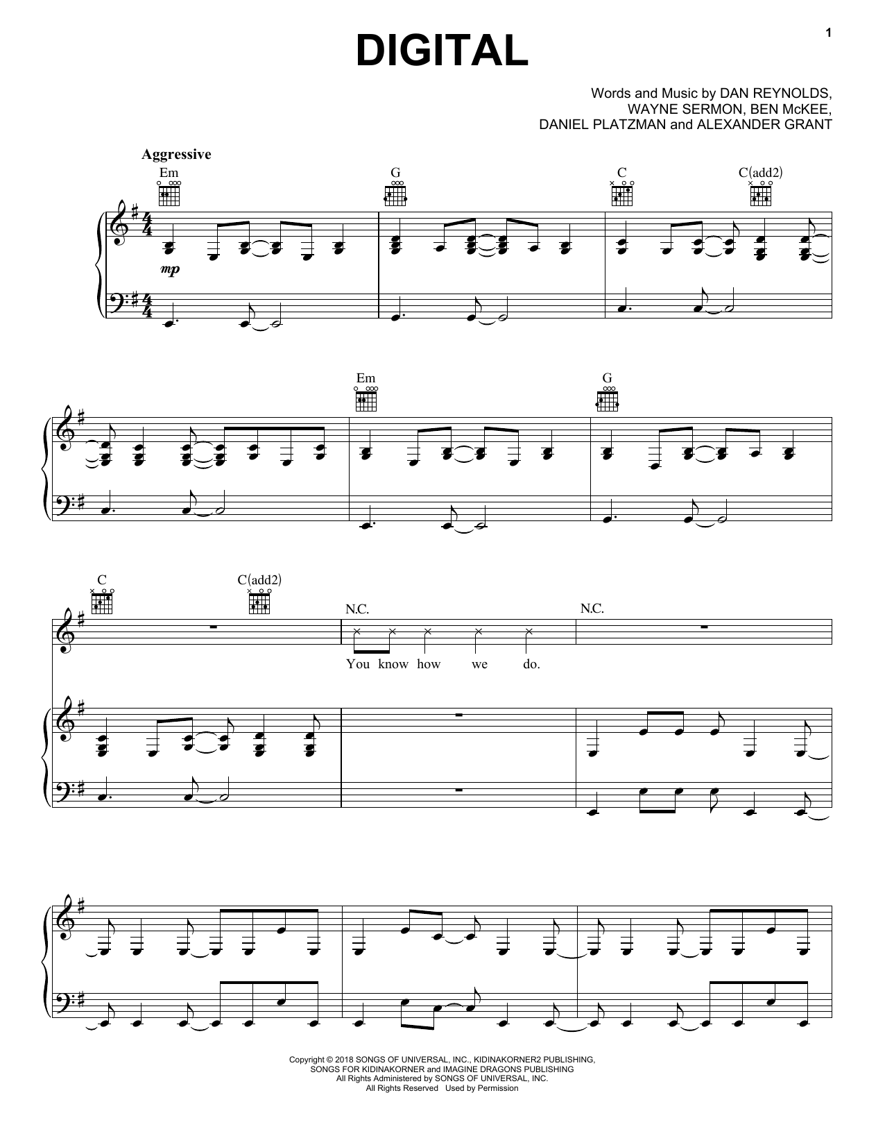 Imagine Dragons Digital sheet music notes and chords arranged for Piano, Vocal & Guitar Chords (Right-Hand Melody)