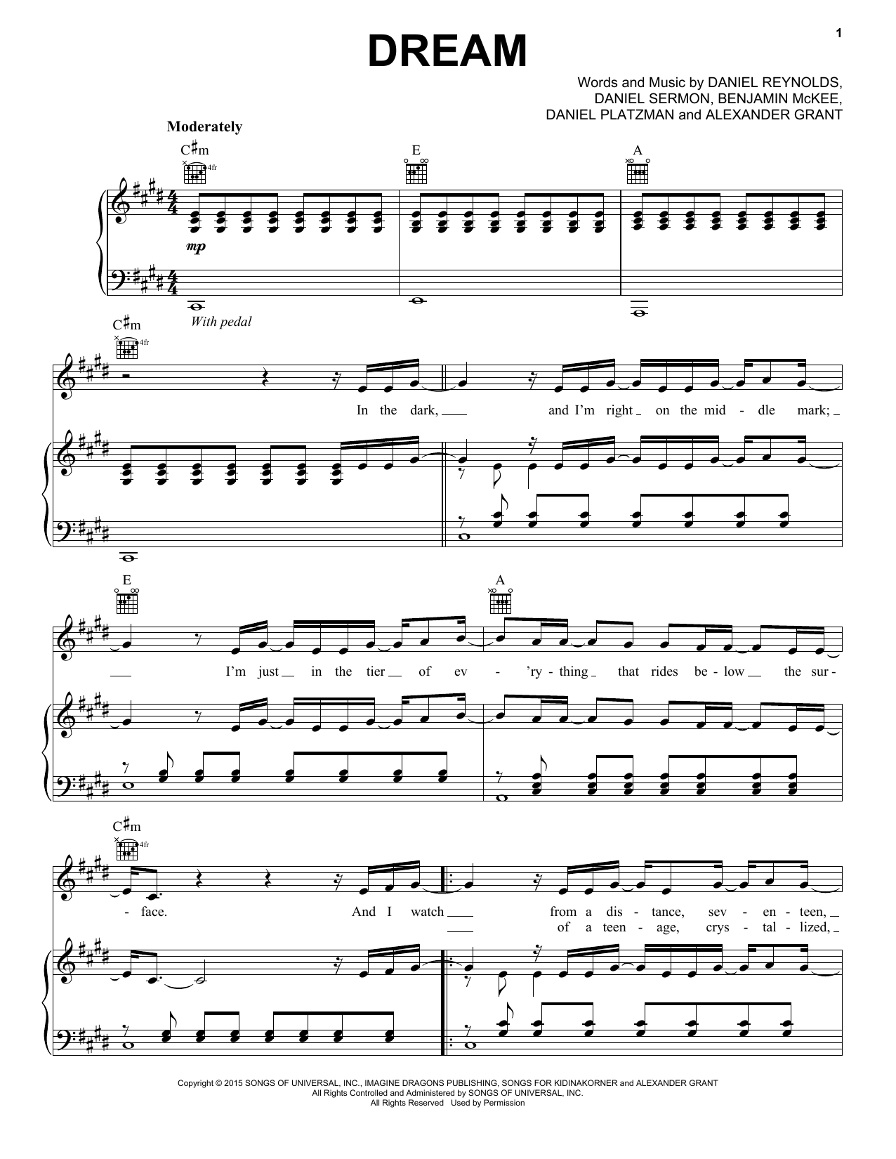 Imagine Dragons Dream sheet music notes and chords arranged for Piano, Vocal & Guitar Chords (Right-Hand Melody)