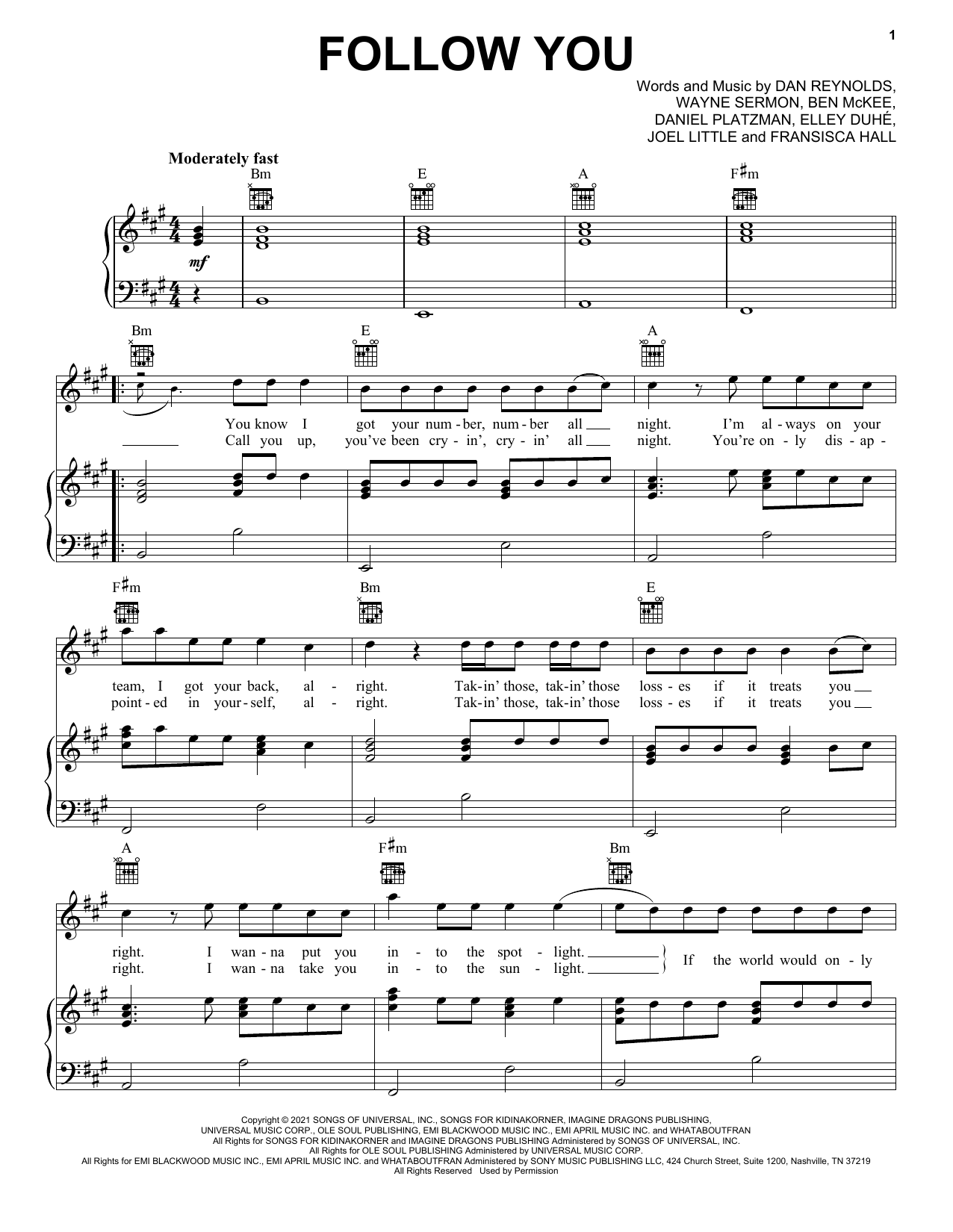 Imagine Dragons Follow You sheet music notes and chords arranged for Easy Piano