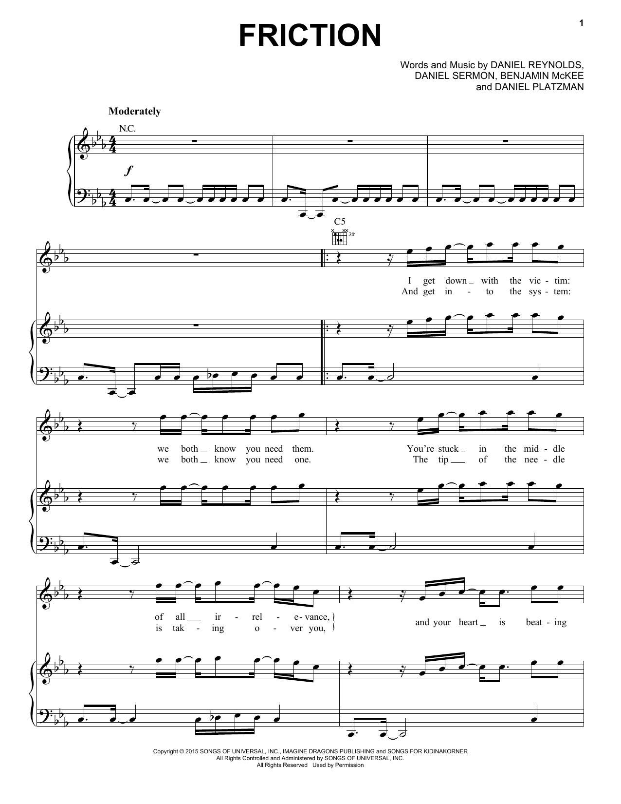 Imagine Dragons Friction sheet music notes and chords arranged for Piano, Vocal & Guitar Chords (Right-Hand Melody)