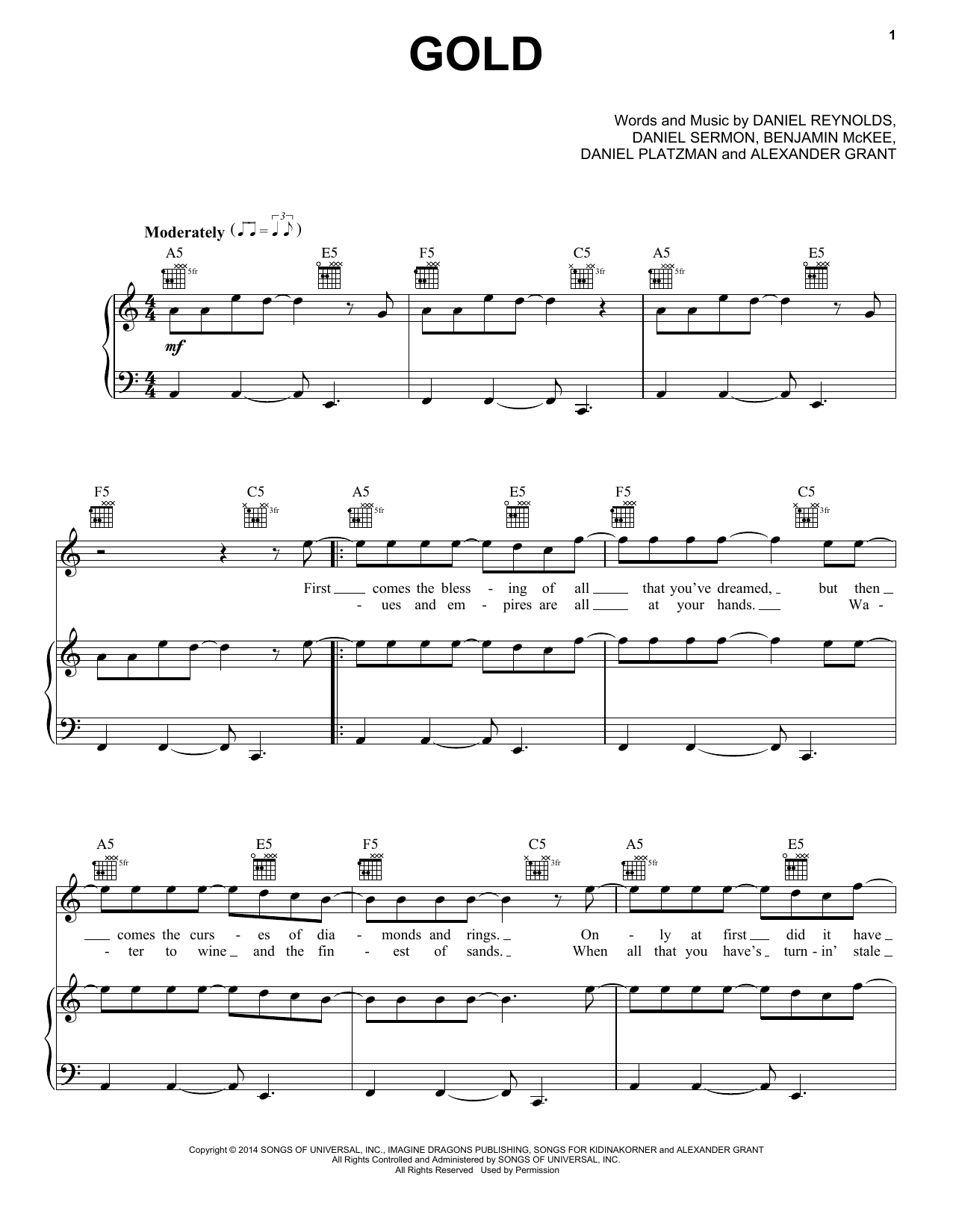 Imagine Dragons Gold sheet music notes and chords arranged for Piano, Vocal & Guitar Chords (Right-Hand Melody)