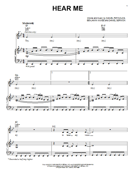 Imagine Dragons Hear Me sheet music notes and chords arranged for Piano, Vocal & Guitar Chords (Right-Hand Melody)