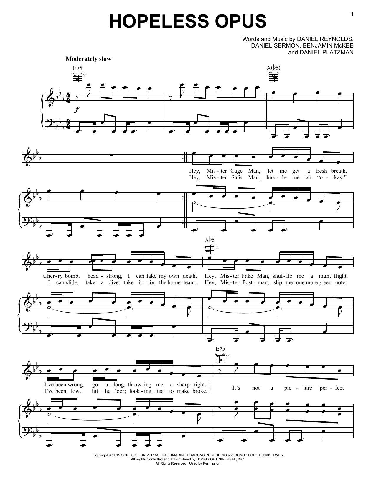 Imagine Dragons Hopeless Opus sheet music notes and chords arranged for Piano, Vocal & Guitar Chords (Right-Hand Melody)
