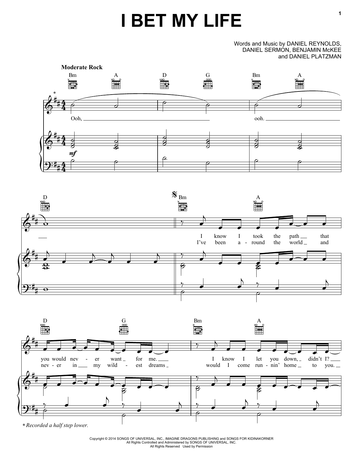 Imagine Dragons I Bet My Life sheet music notes and chords arranged for Piano, Vocal & Guitar Chords (Right-Hand Melody)