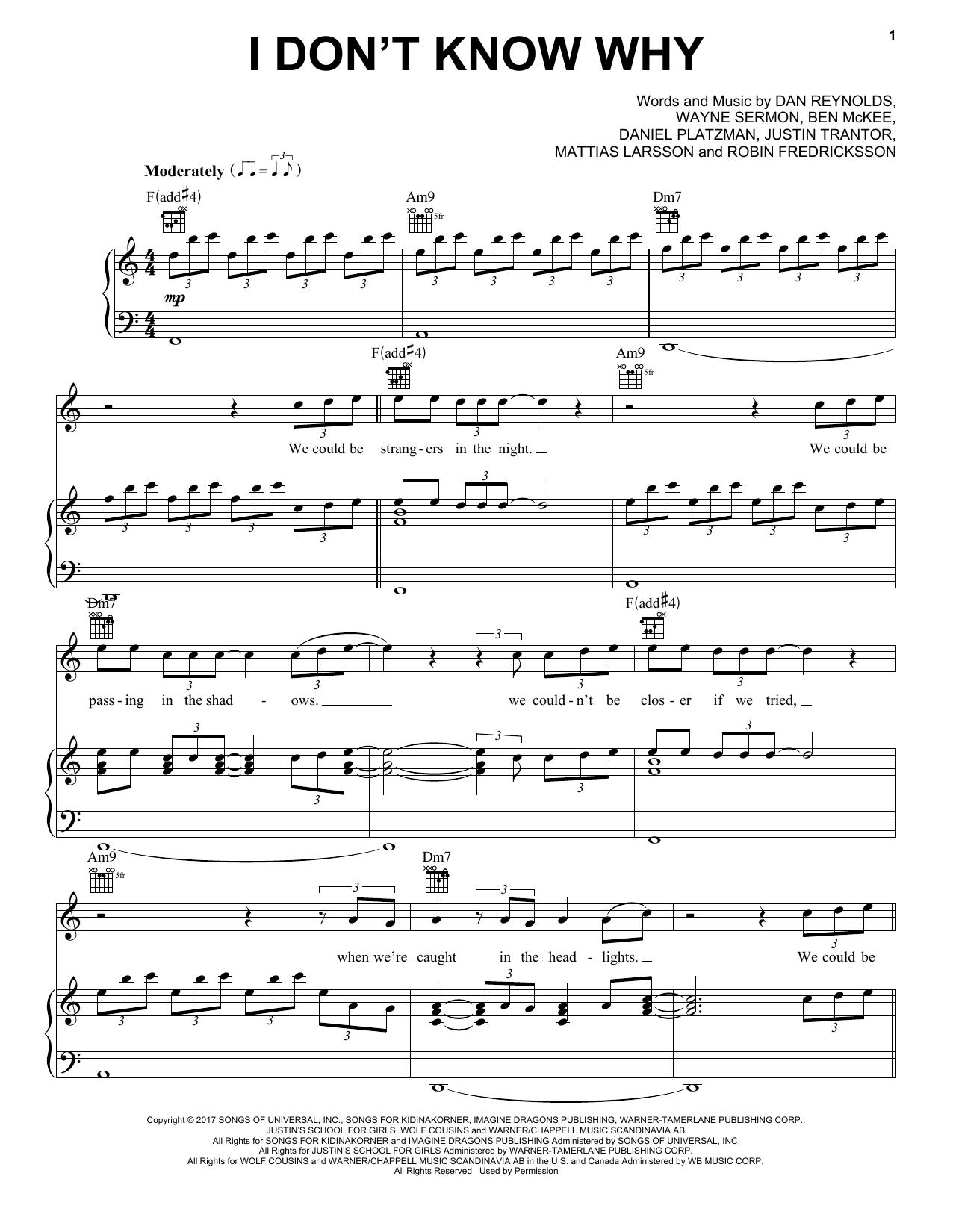 Imagine Dragons I Don't Know Why sheet music notes and chords arranged for Piano, Vocal & Guitar Chords (Right-Hand Melody)