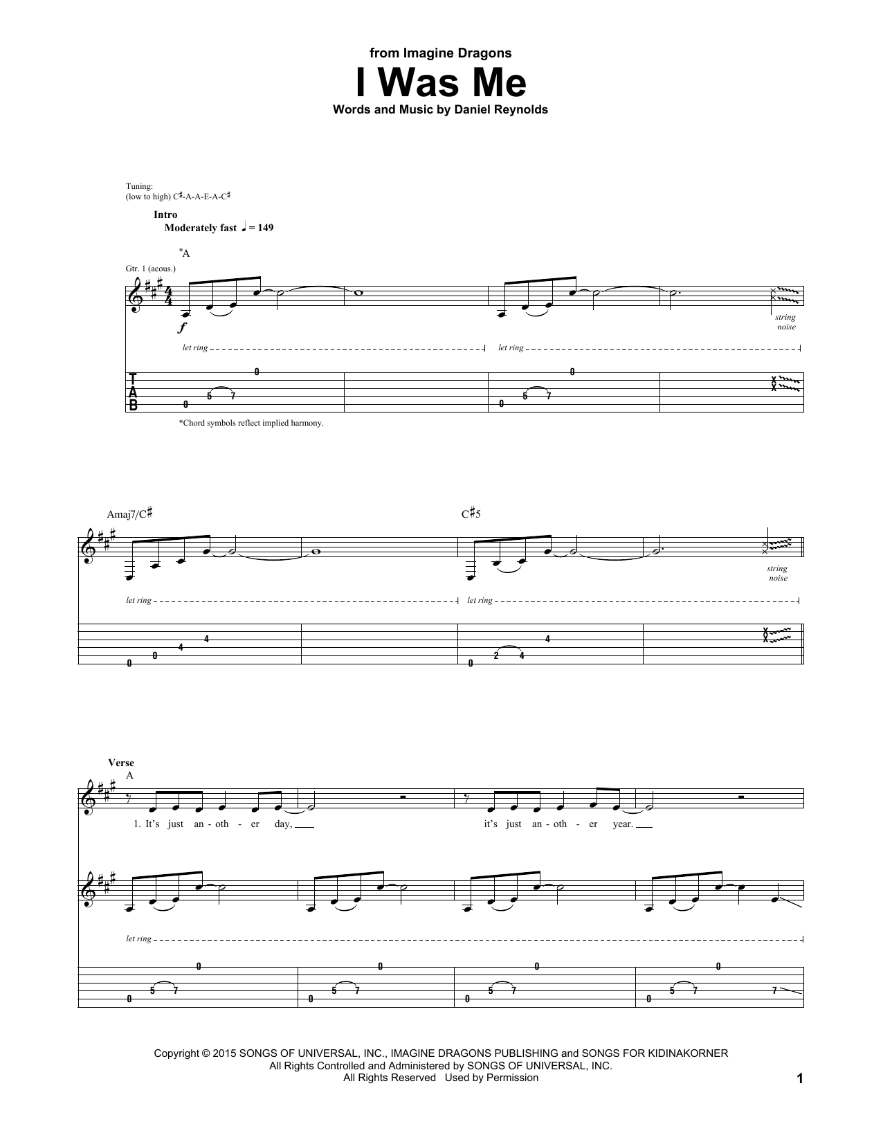 Imagine Dragons I Was Me sheet music notes and chords arranged for Guitar Tab