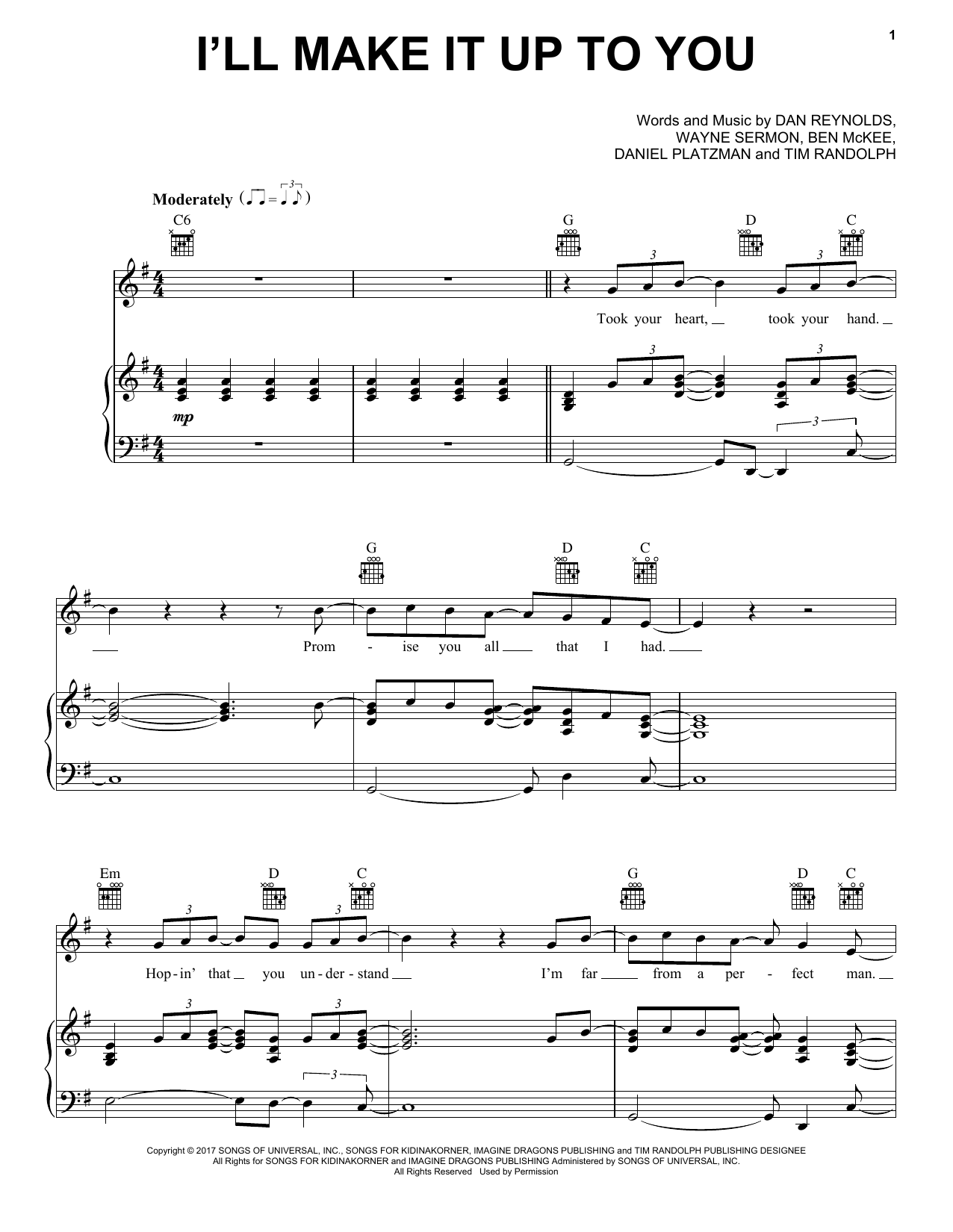 Imagine Dragons I'll Make It Up To You sheet music notes and chords arranged for Piano, Vocal & Guitar Chords (Right-Hand Melody)