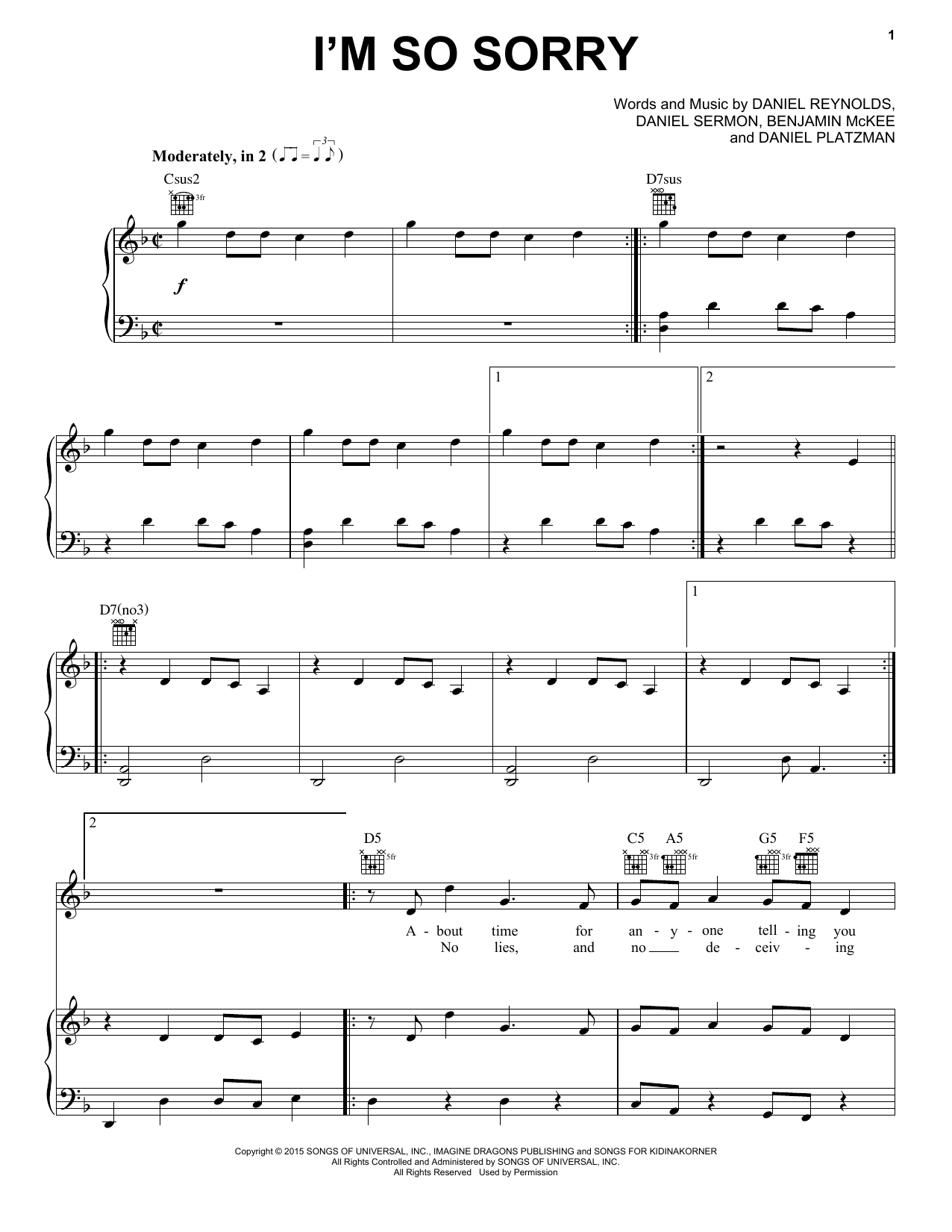 Imagine Dragons I'm So Sorry sheet music notes and chords arranged for Guitar Tab