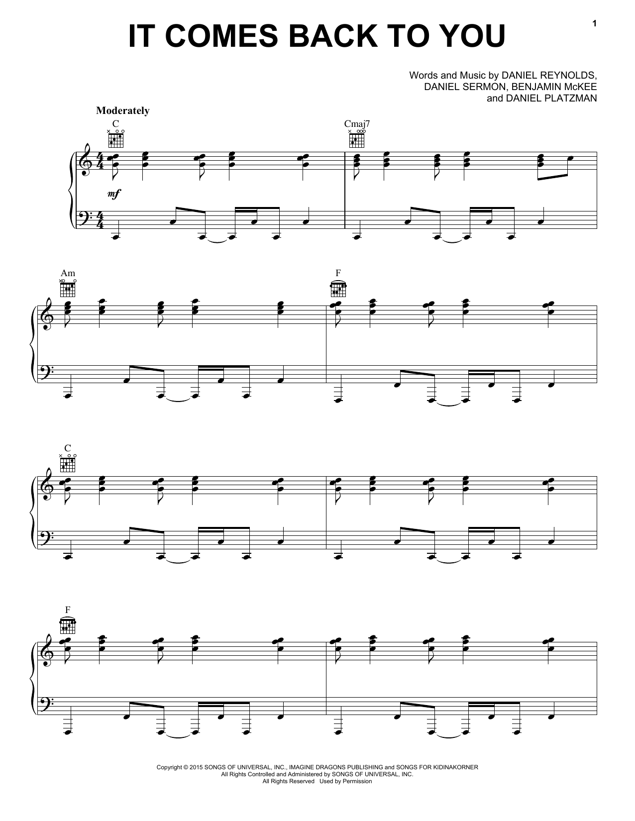 Imagine Dragons It Comes Back To You sheet music notes and chords arranged for Piano, Vocal & Guitar Chords (Right-Hand Melody)