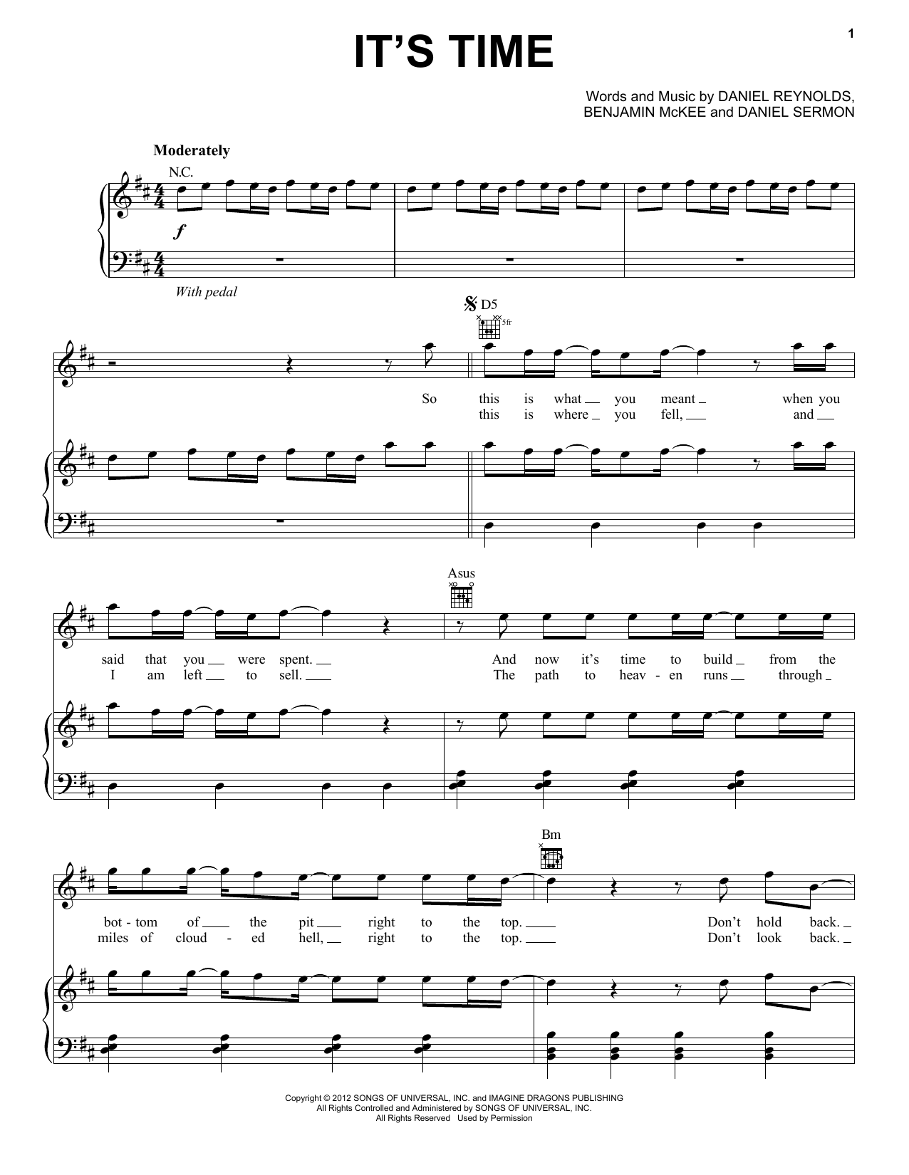 Imagine Dragons It's Time sheet music notes and chords arranged for Piano, Vocal & Guitar Chords (Right-Hand Melody)