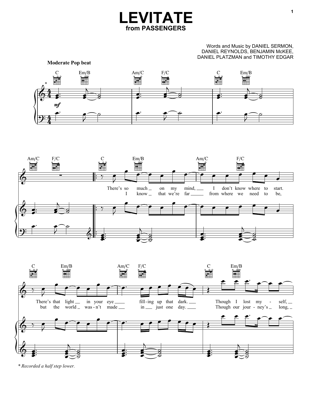 Imagine Dragons Levitate sheet music notes and chords arranged for Piano, Vocal & Guitar Chords (Right-Hand Melody)