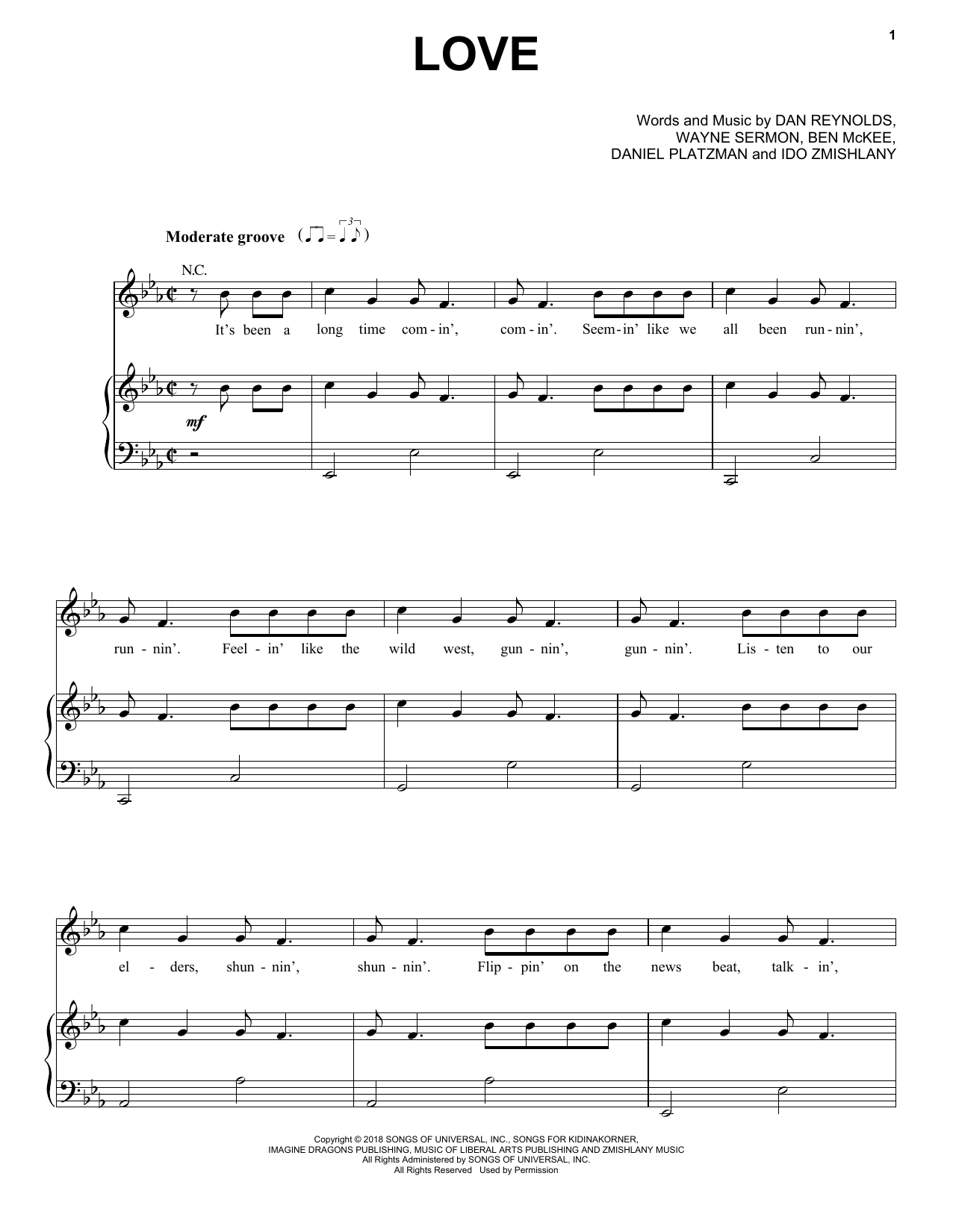 Imagine Dragons Love sheet music notes and chords arranged for Piano, Vocal & Guitar Chords (Right-Hand Melody)