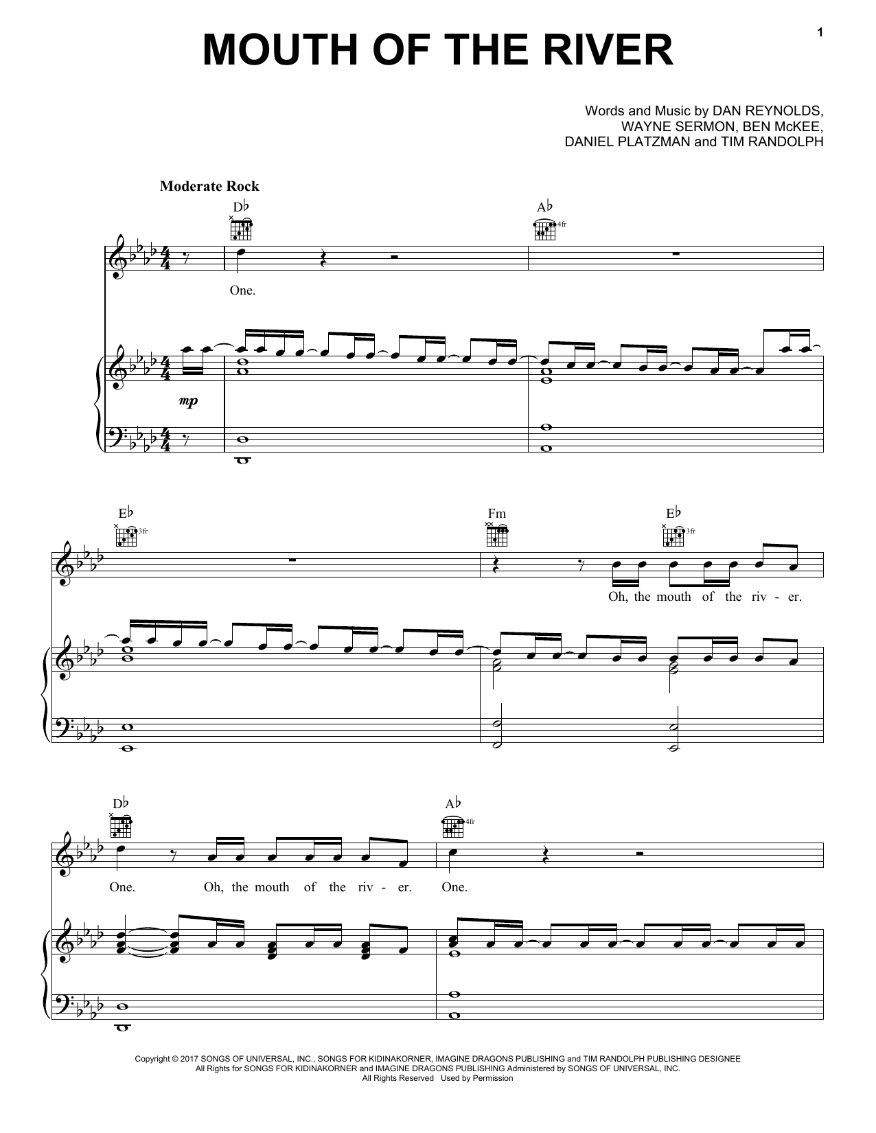 Imagine Dragons Mouth Of The River sheet music notes and chords arranged for Piano, Vocal & Guitar Chords (Right-Hand Melody)