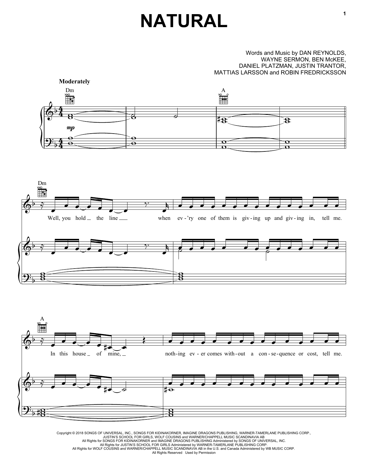 Imagine Dragons Natural sheet music notes and chords arranged for Piano, Vocal & Guitar Chords (Right-Hand Melody)