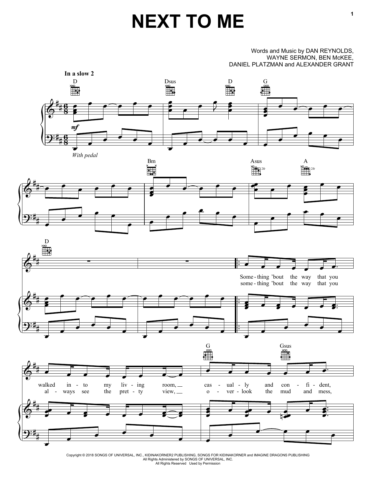 Imagine Dragons Next To Me sheet music notes and chords arranged for Piano, Vocal & Guitar Chords (Right-Hand Melody)