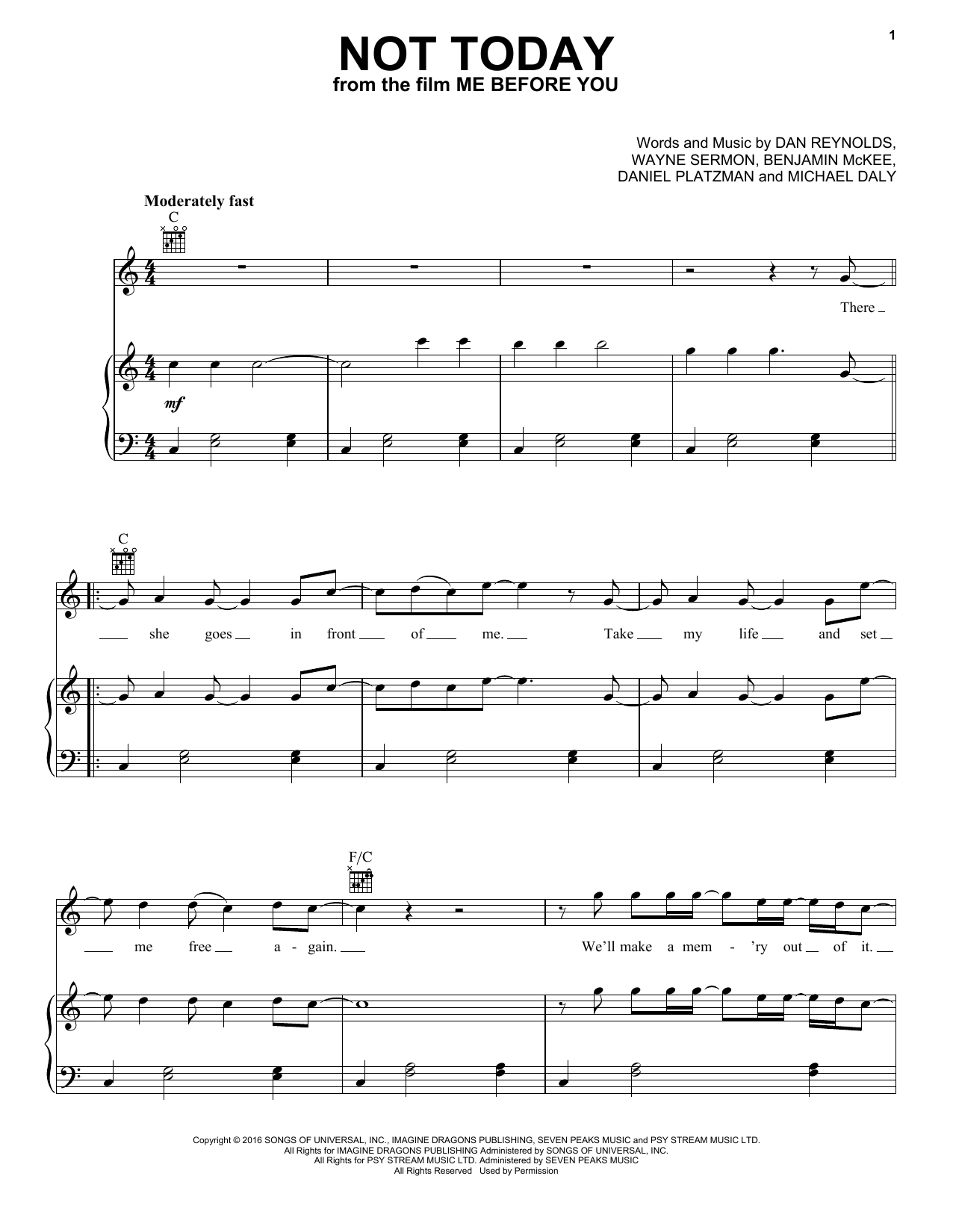 Imagine Dragons Not Today (from Me Before You) sheet music notes and chords arranged for Piano, Vocal & Guitar Chords (Right-Hand Melody)