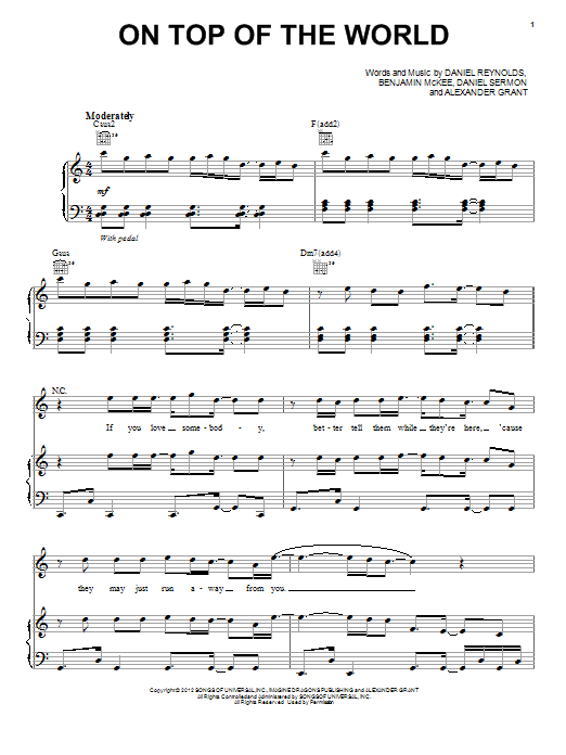 Imagine Dragons On Top Of The World sheet music notes and chords arranged for Piano, Vocal & Guitar Chords (Right-Hand Melody)