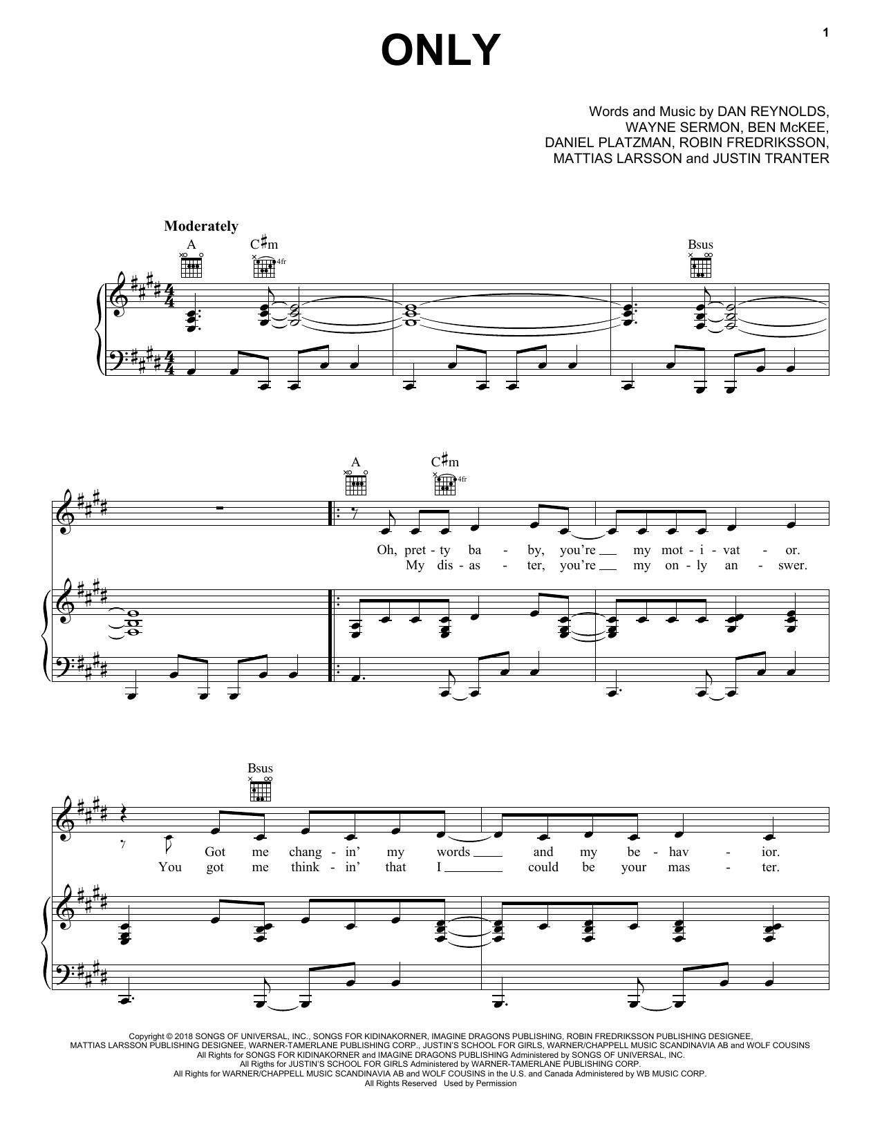 Imagine Dragons Only sheet music notes and chords arranged for Piano, Vocal & Guitar Chords (Right-Hand Melody)