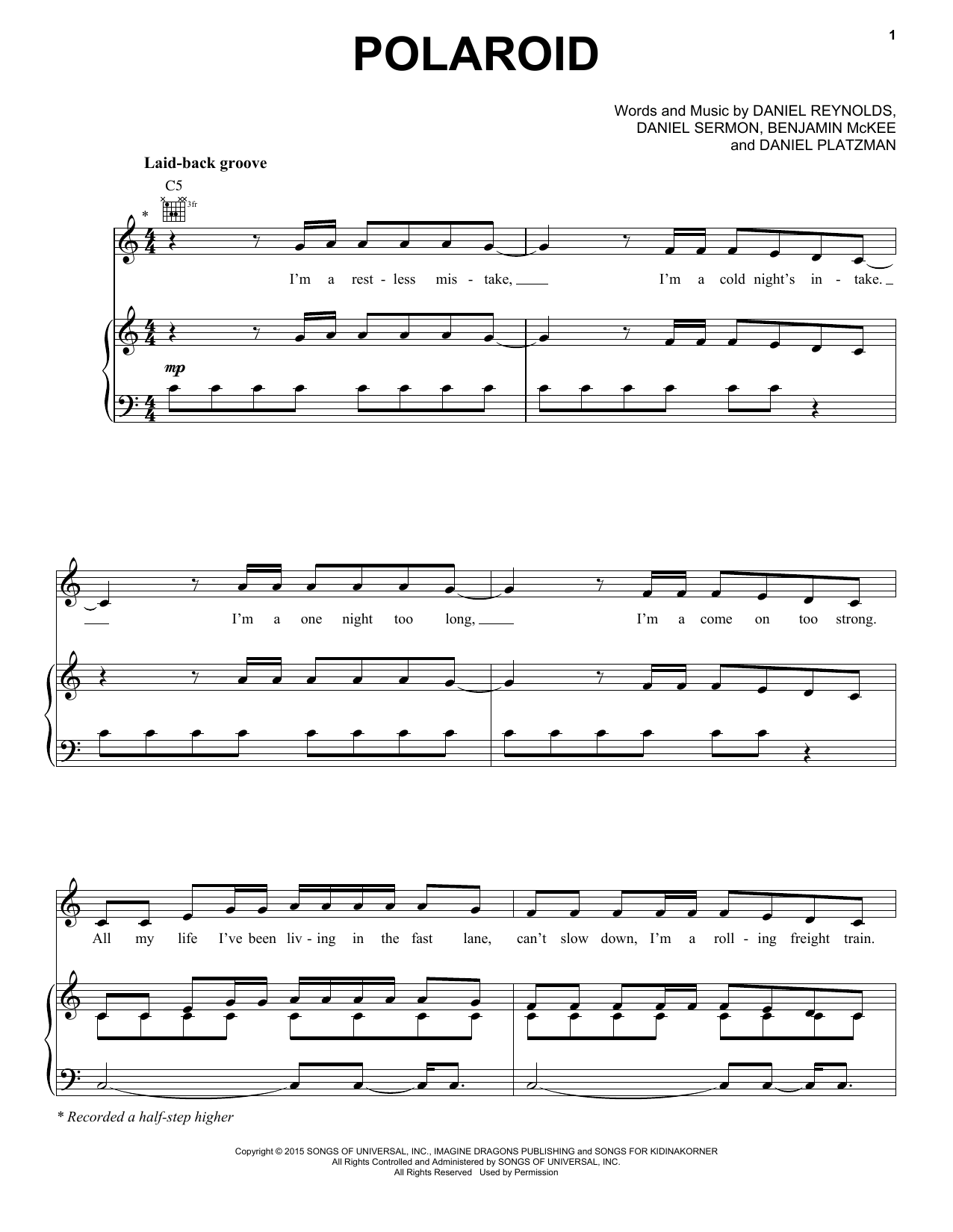 Imagine Dragons Polaroid sheet music notes and chords arranged for Piano, Vocal & Guitar Chords (Right-Hand Melody)