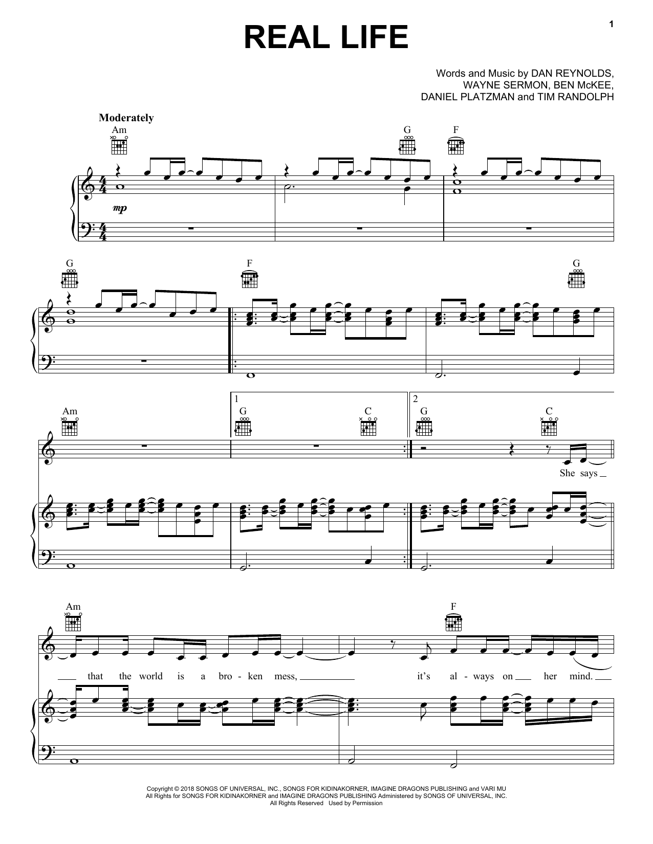 Imagine Dragons Real Life sheet music notes and chords arranged for Piano, Vocal & Guitar Chords (Right-Hand Melody)
