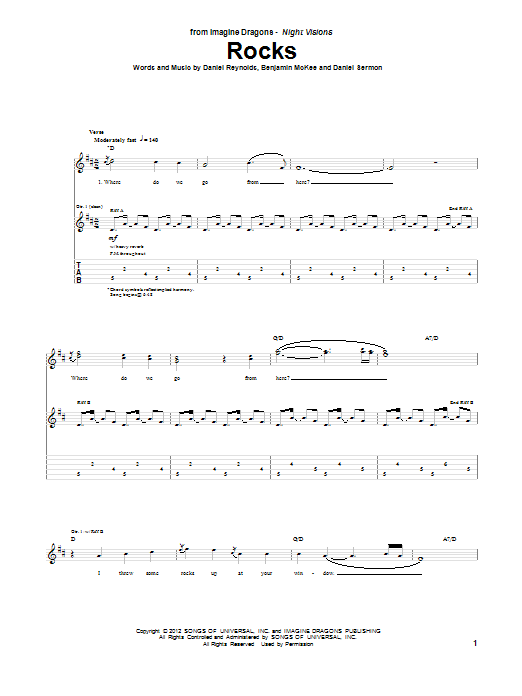 Imagine Dragons Rocks sheet music notes and chords arranged for Guitar Tab