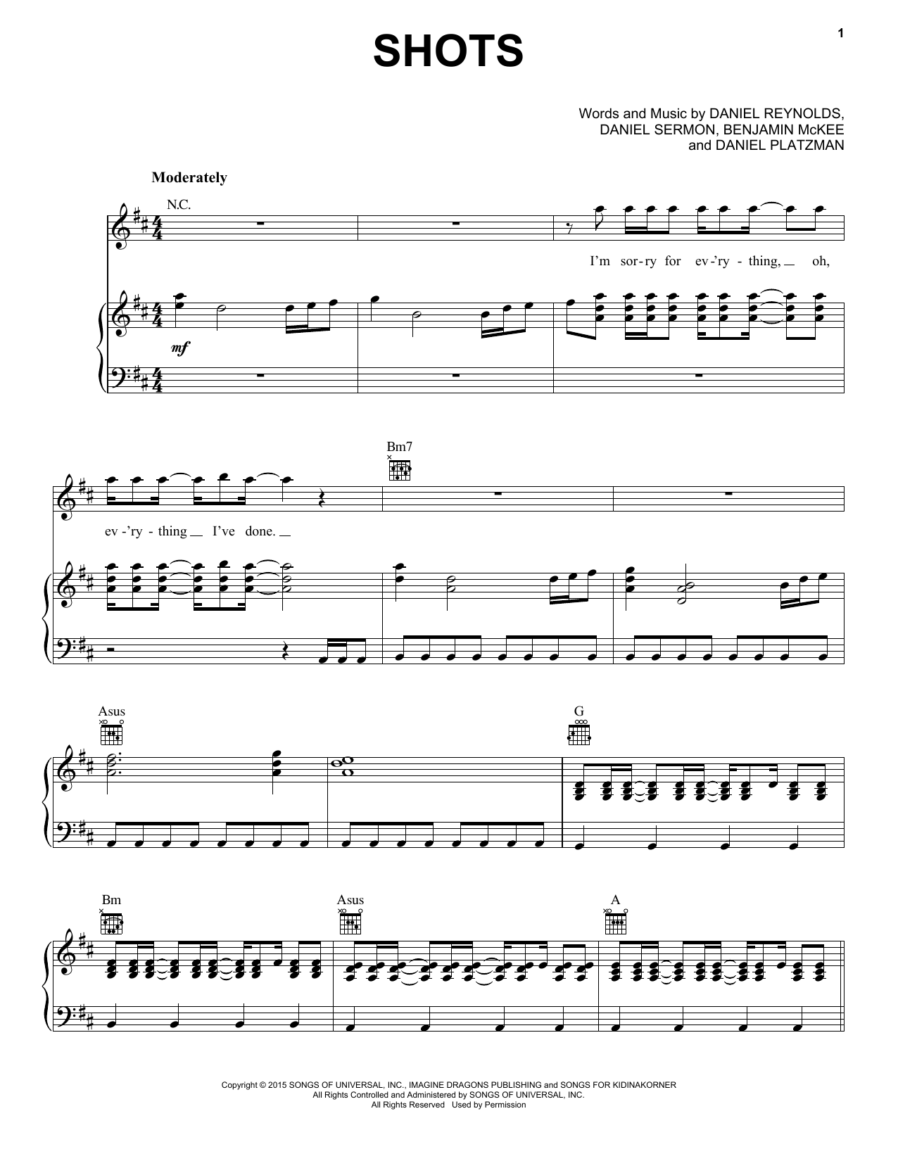 Imagine Dragons Shots sheet music notes and chords arranged for Piano, Vocal & Guitar Chords (Right-Hand Melody)