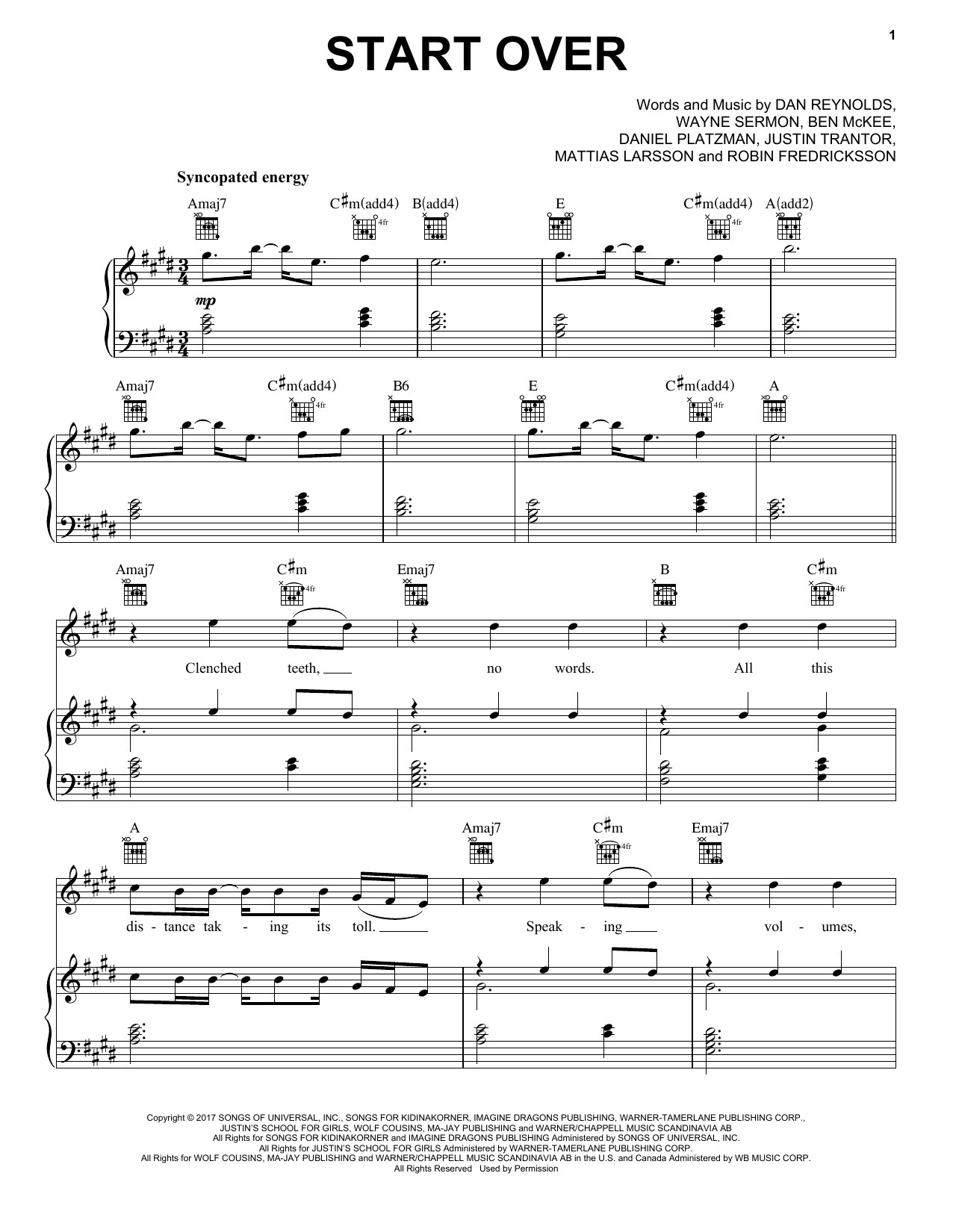 Imagine Dragons Start Over sheet music notes and chords arranged for Piano, Vocal & Guitar Chords (Right-Hand Melody)