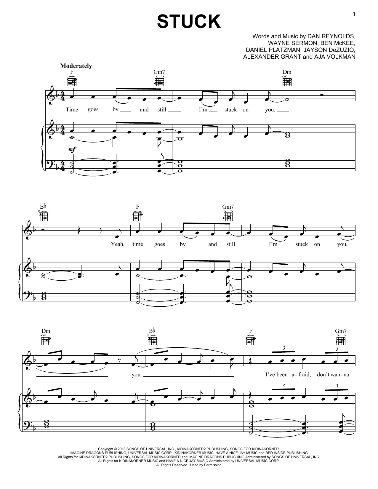 Imagine Dragons Stuck sheet music notes and chords arranged for Piano, Vocal & Guitar Chords (Right-Hand Melody)