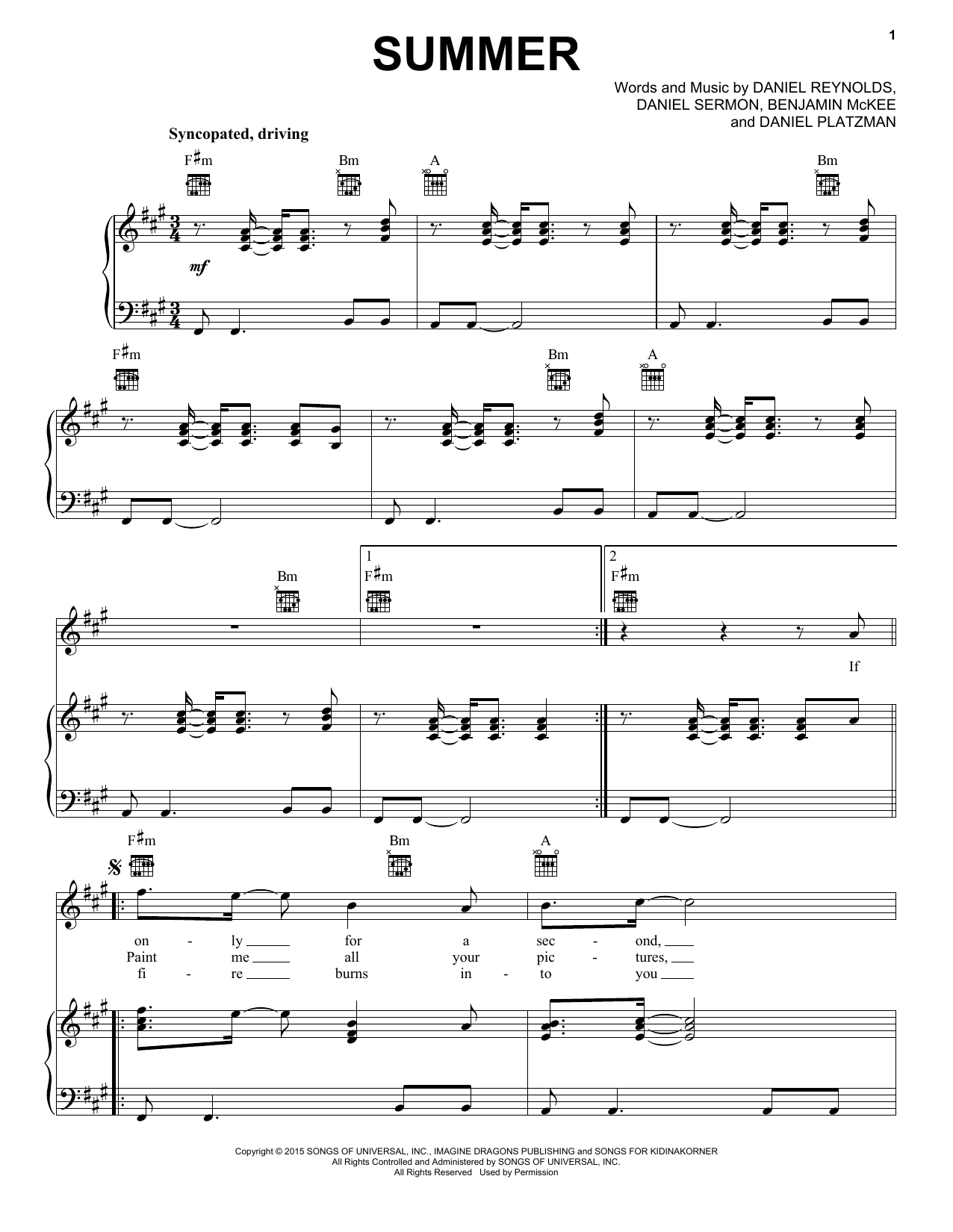 Imagine Dragons Summer sheet music notes and chords arranged for Piano, Vocal & Guitar Chords (Right-Hand Melody)