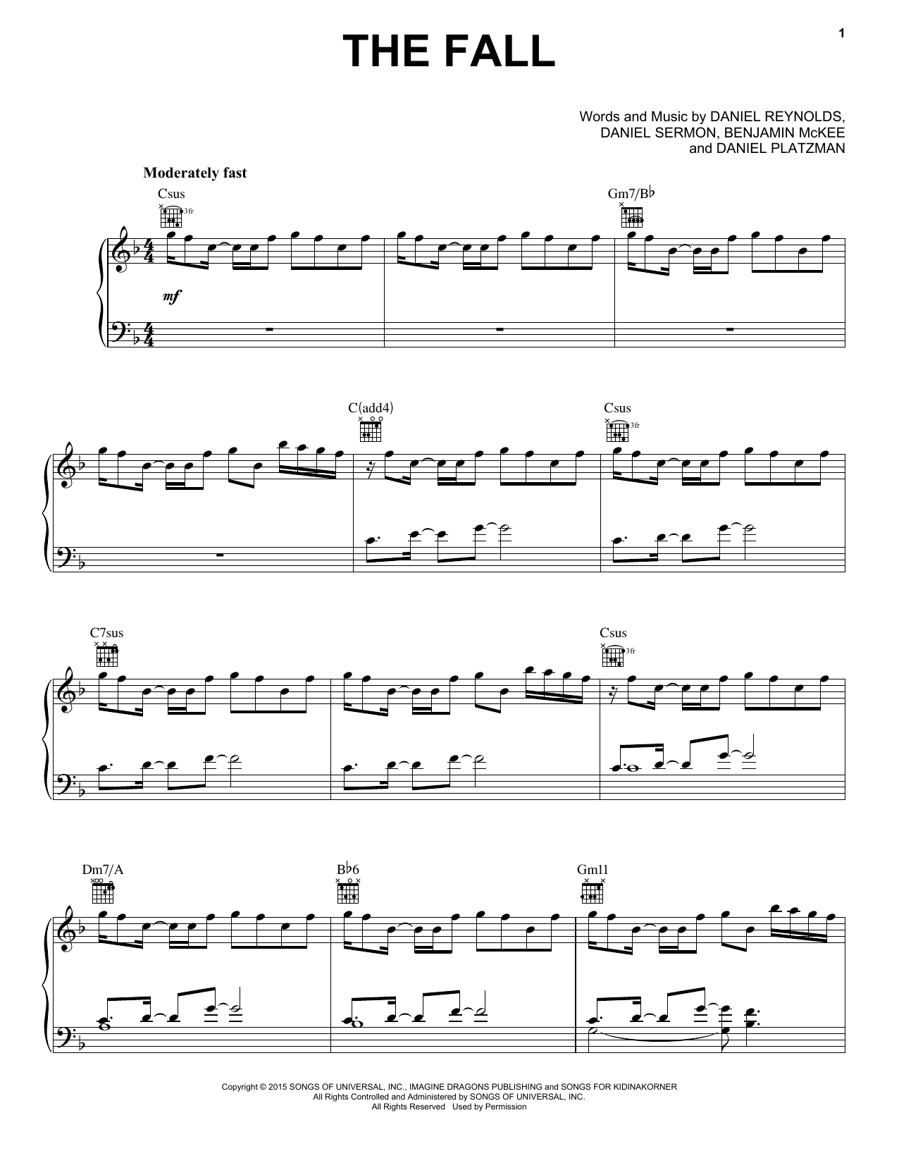 Imagine Dragons The Fall sheet music notes and chords arranged for Piano, Vocal & Guitar Chords (Right-Hand Melody)
